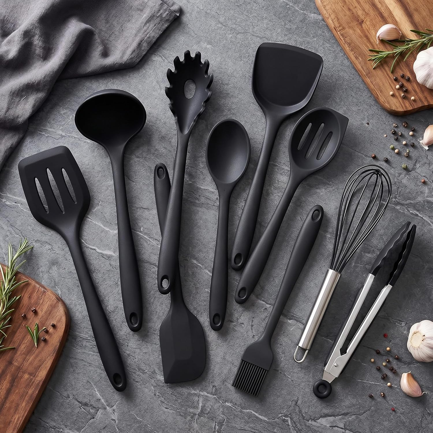 Detalle 1 de AOTHOD Cooking Utensils Black 15-Piece Silicone Set, 446°F Heat Resistant