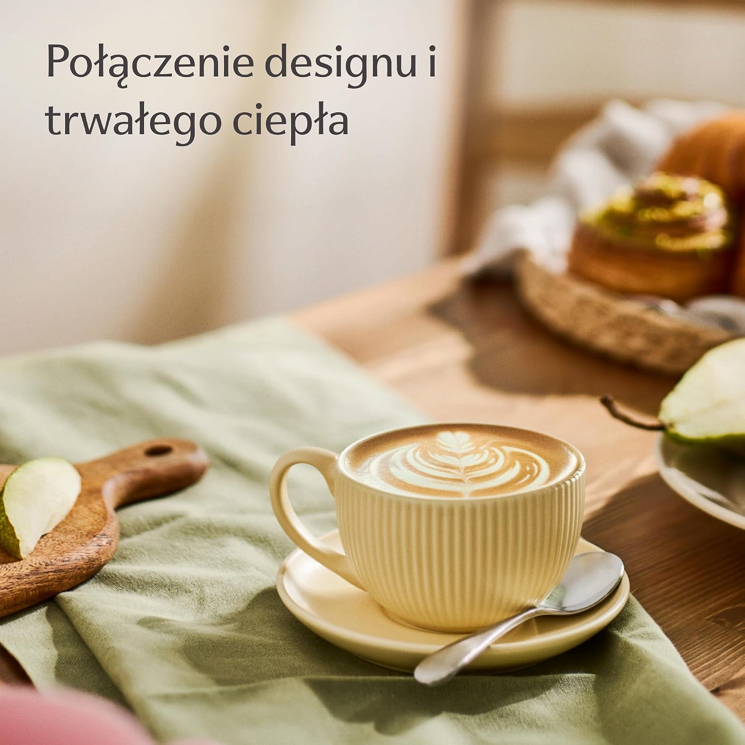 Detalle 2 de Cosumy 7770578 filiżanki do cappuccino 200 ml, ceramiczne, matowe, w paski, ze spodkami
