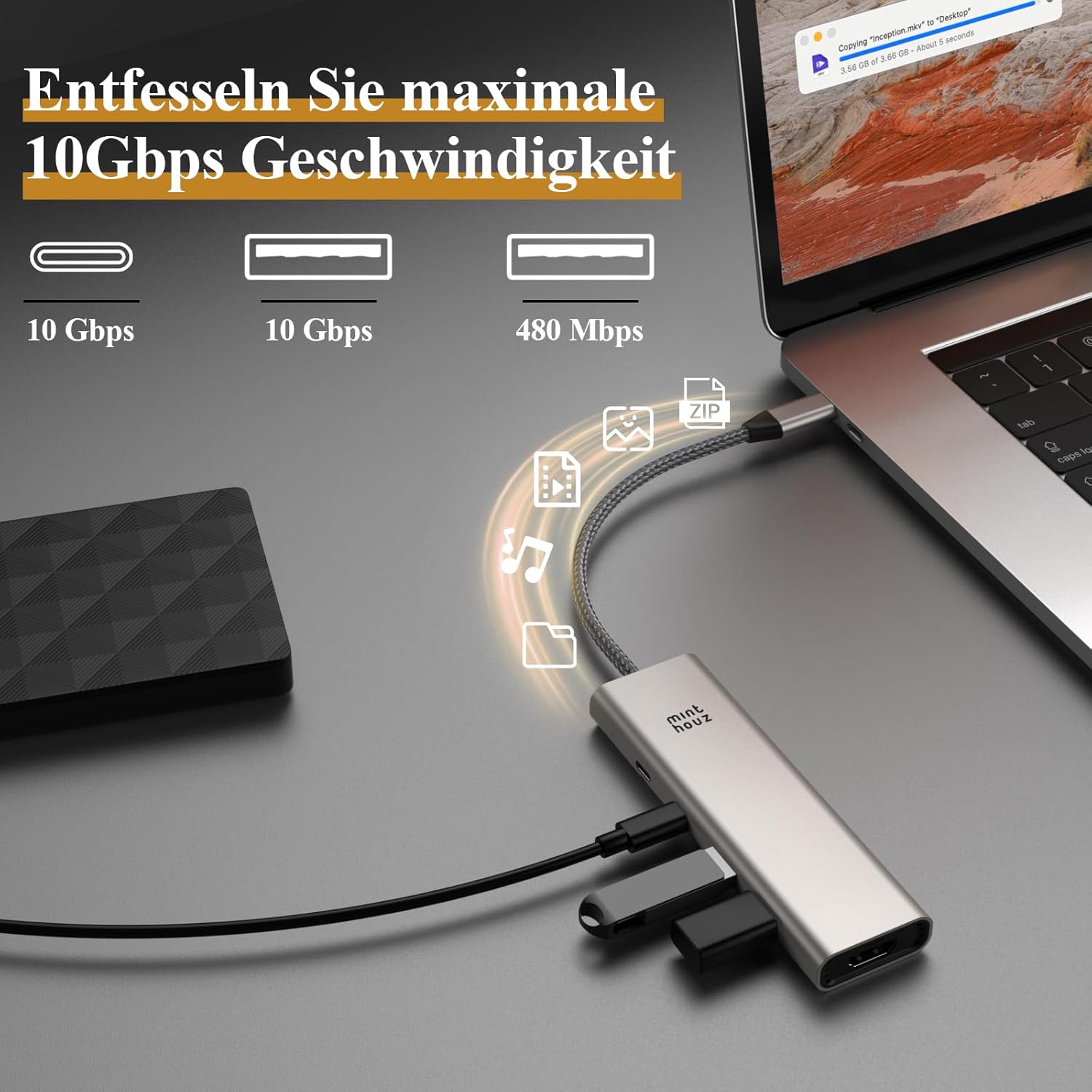 Thumbnail 3 de Minthouz USB C Hub 5-in-1 Dock: 125W PD, 4K@60Hz HDMI, 10Gbps USB-C, 2x USB-A – kompakte Dockingstation für Dell, Lenovo, MacBook Pro/Air und iPad Pro