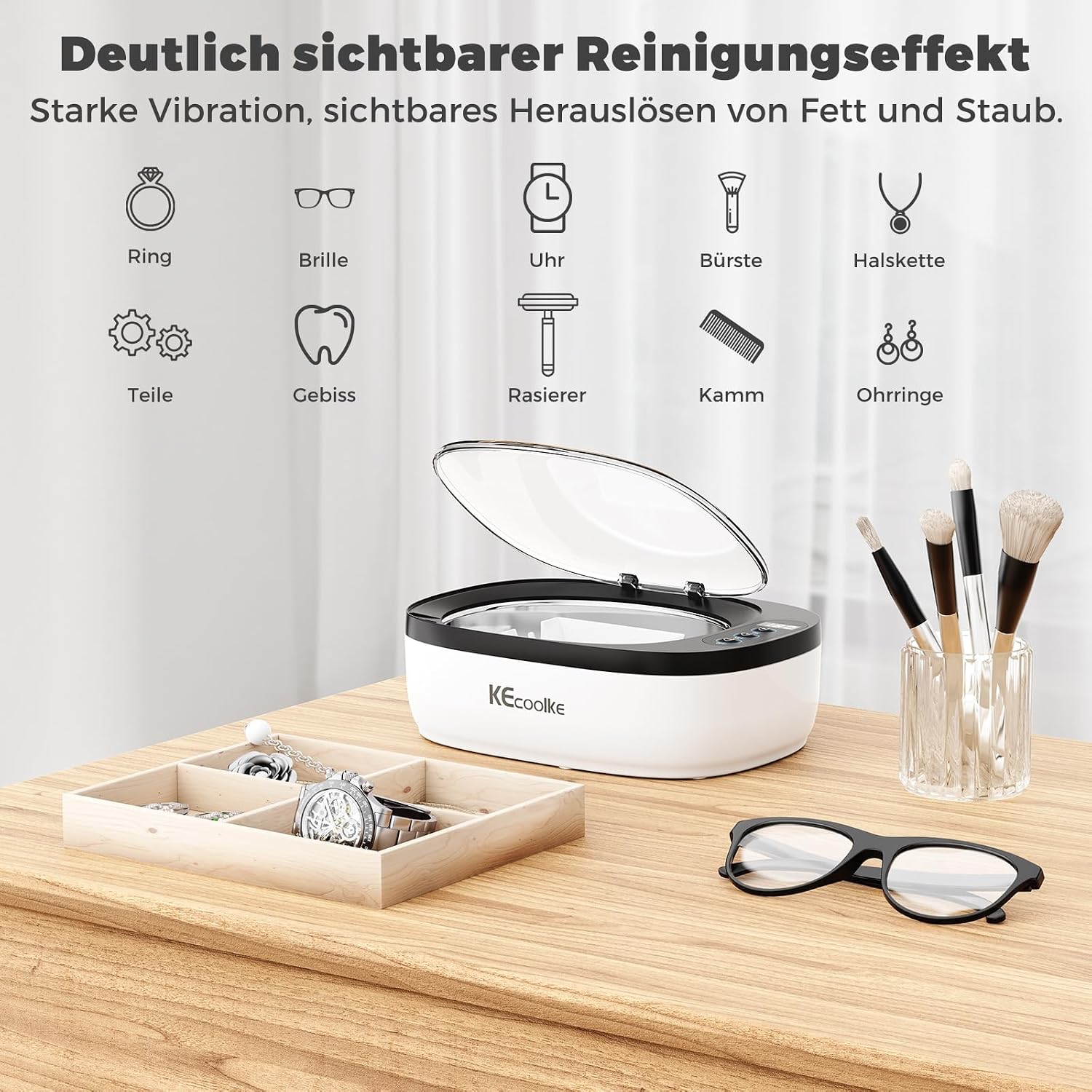 Detalle de KECOOLKE ultrasoonreiniger 750 ml met digitale timer voor sieraden en brillen