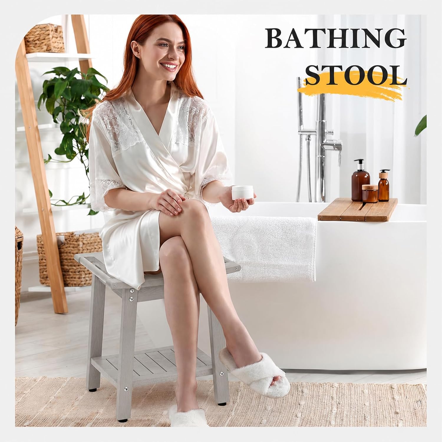 Thumbnail 6 de WISHCII HIPS Shower Bench Seat, Grey Shower Chair with Towel Rack and Storage Shelf