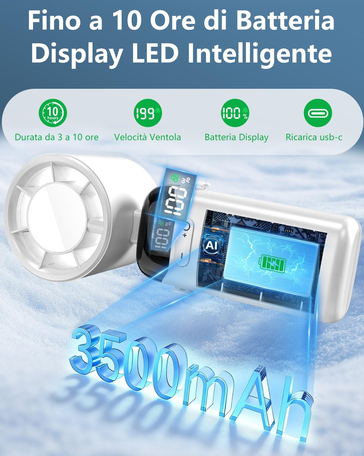 Detalle de Ventilatore da Tavolo Silenzioso con Rotazione 360° e Display LED – 4000mAh, Regolazione Continua 1–100, Autonomia fino a 17 Ore