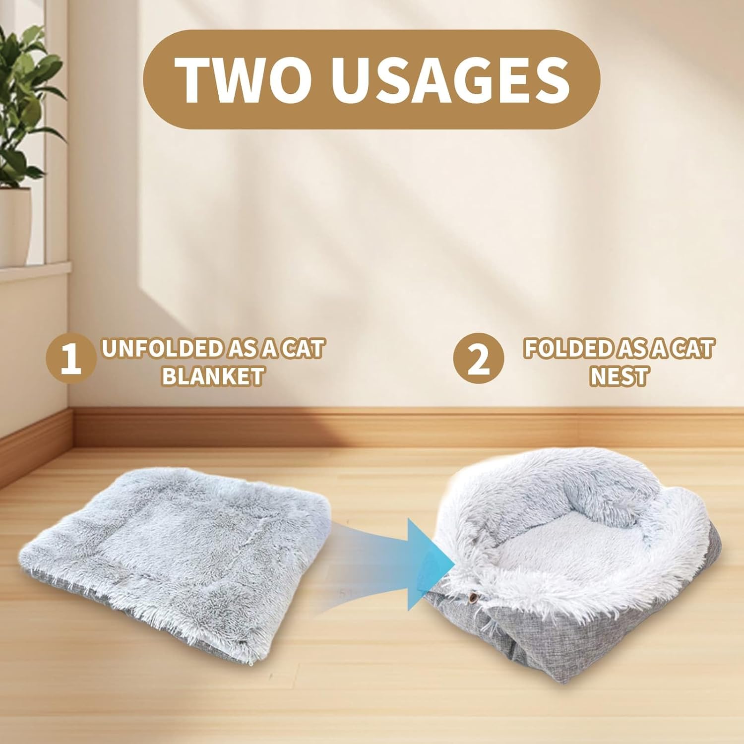 Detalle de Self-Warming Cat and Dog Mat - Fluffy Plush Bed Nest with Foldable Heating Cushion (Gray, 61x51cm)