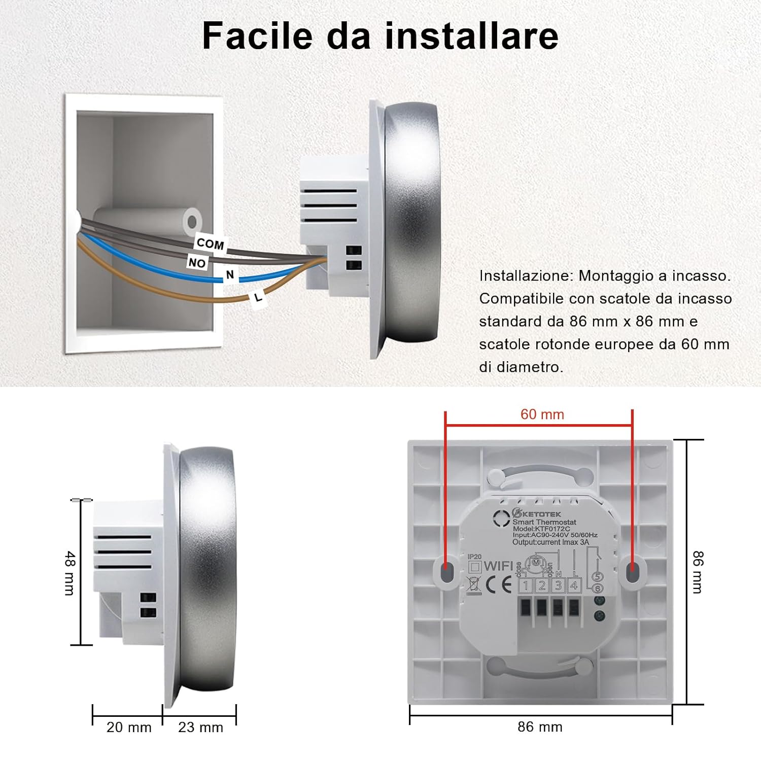 Thumbnail 2 de KETOTEK Termostato WiFi 3A 220V per caldaia e riscaldamento a pavimento (incassato) compatibile con Alexa e Smart Life/Tuya