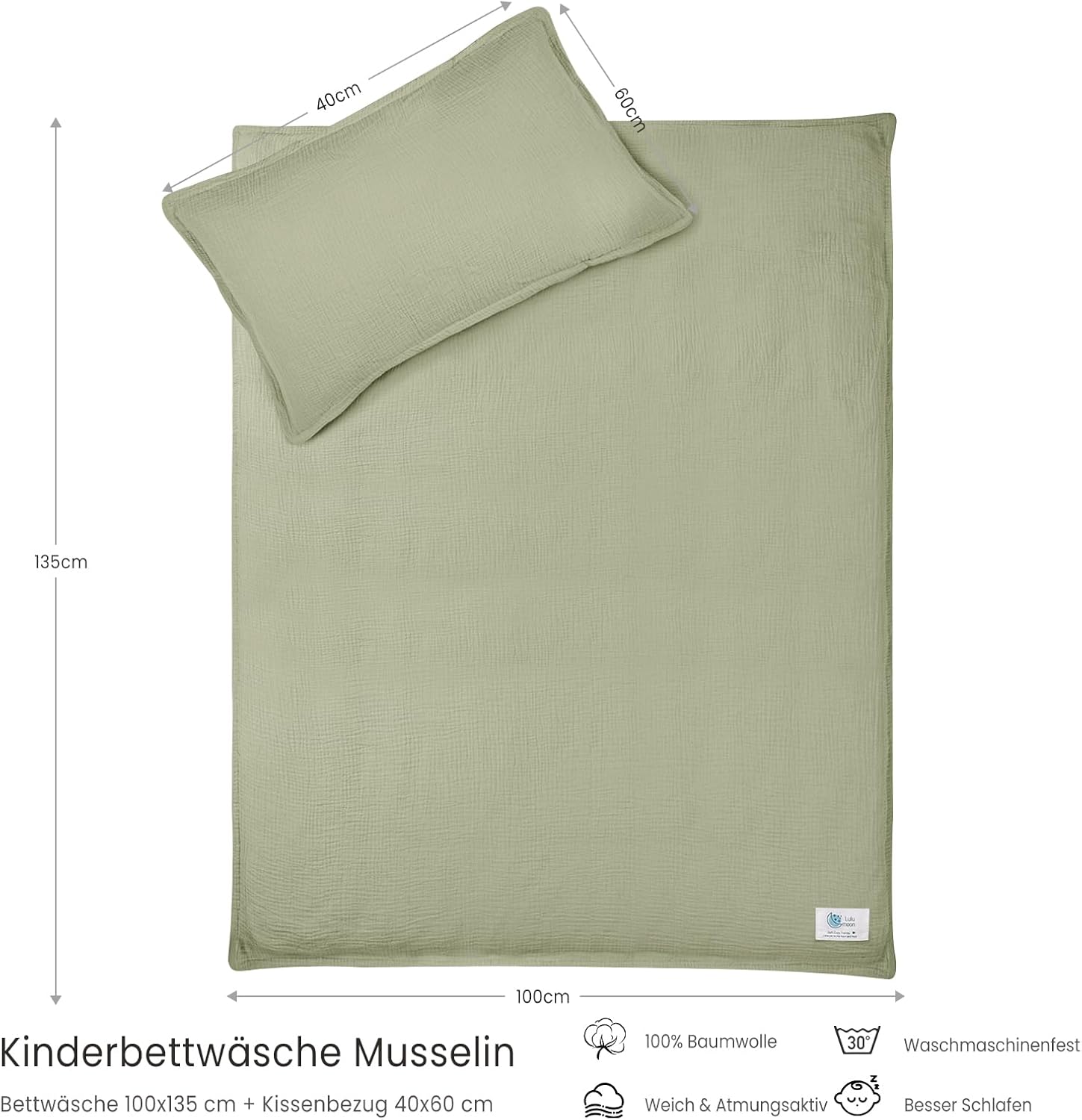 Thumbnail 4 de lulumoon Kinderbettwäsche 100x135 + 40x60 aus Musselin – OEKO-TEX Standard, unsichtbarer Reißverschluss