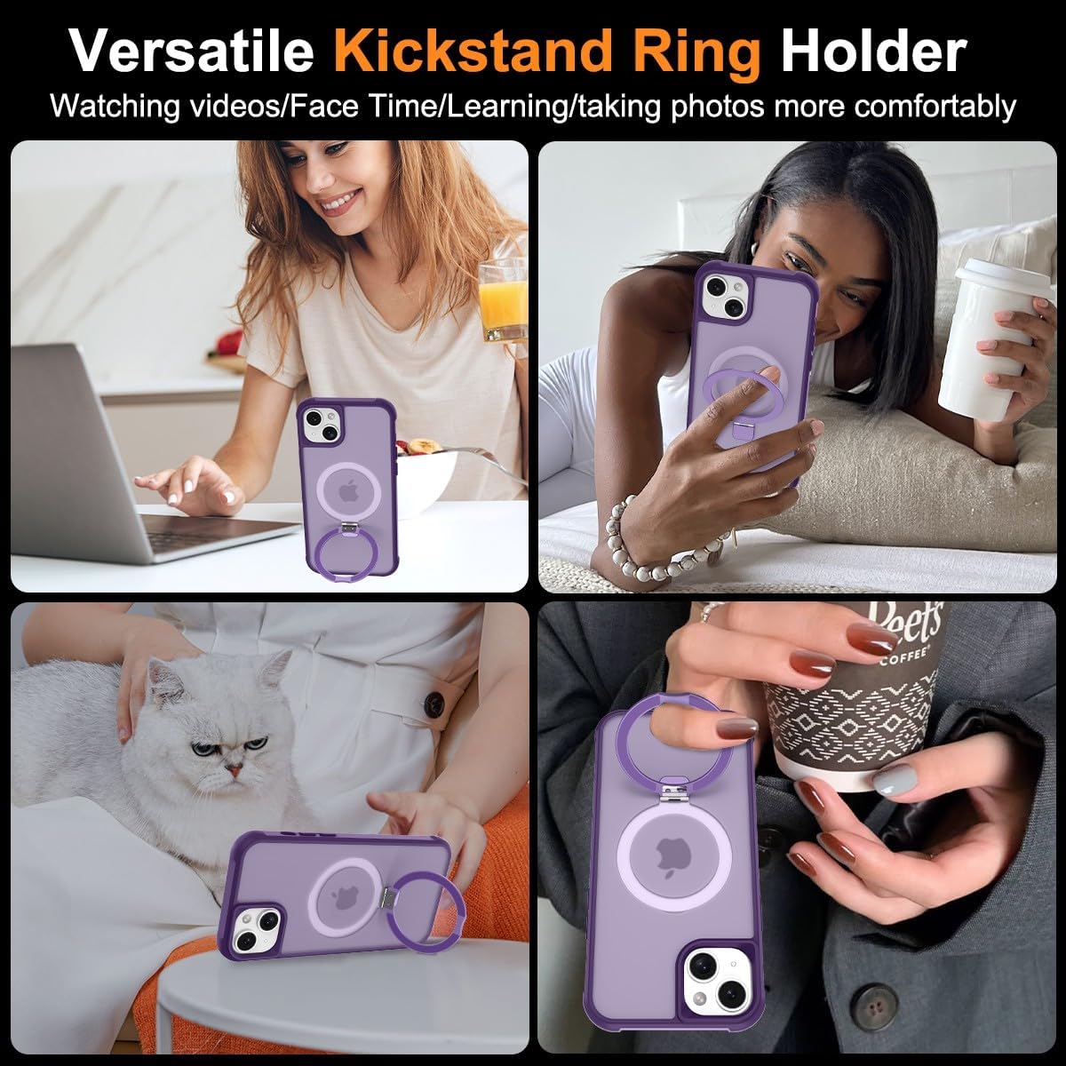 Thumbnail 5 de CHAOFEnG Magnetic iPhone 14 Case with Metal Ring Stand (Purple)