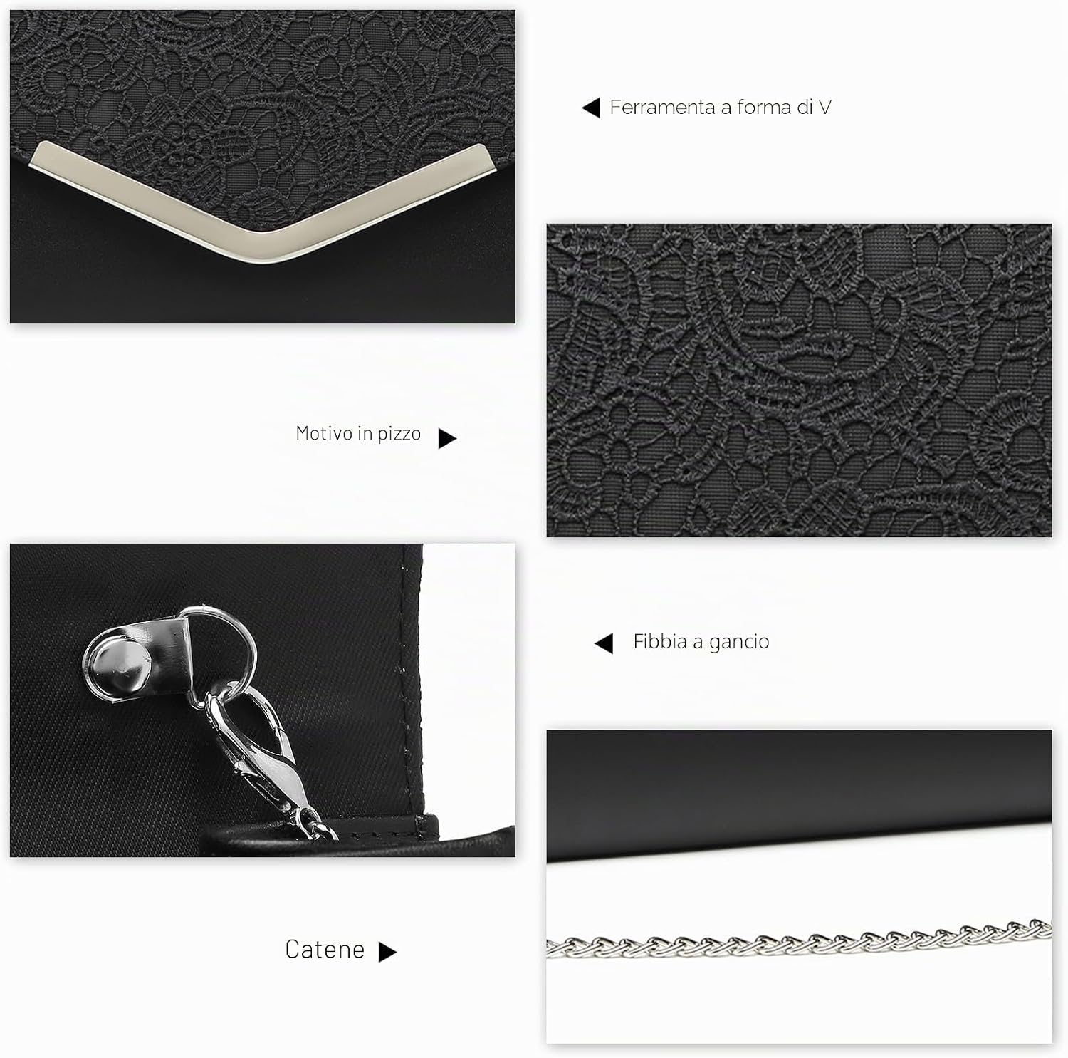 Thumbnail 6 de Miss Lulu Pochette e Clutch da Donna: pochette in pizzo floreale con tracolla a catena