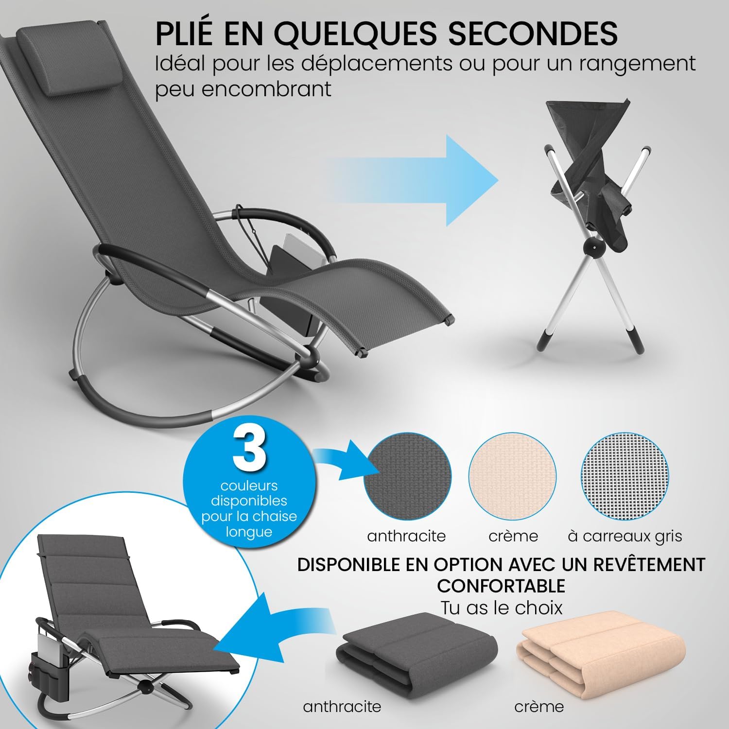Thumbnail 6 de ELONEO Chaise Longue à Bascule Extérieure avec Pochette – confort zéro gravité et matière résistante