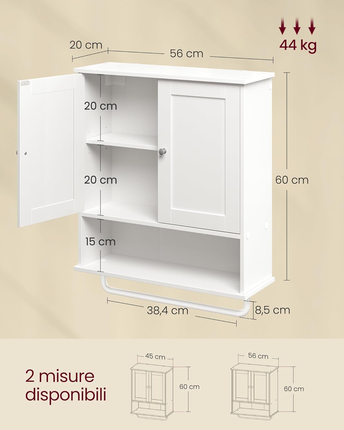 Detalle de VASAGLE SIREN Collezione: Mobile da Bagno Sospeso con Bar Porta-Asciugamani, Armadietto a Parete 56 cm, Bianco Nuvola BBK149WB01