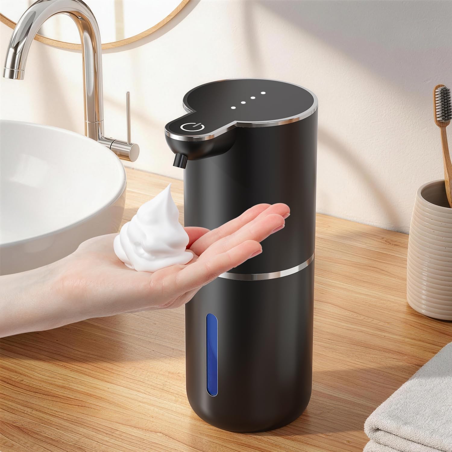 Detalle de Distributeur de Savon Automatique en Mousse, sans Contact, 380 ml, Montage Mural et USB, IPX5 – Noir