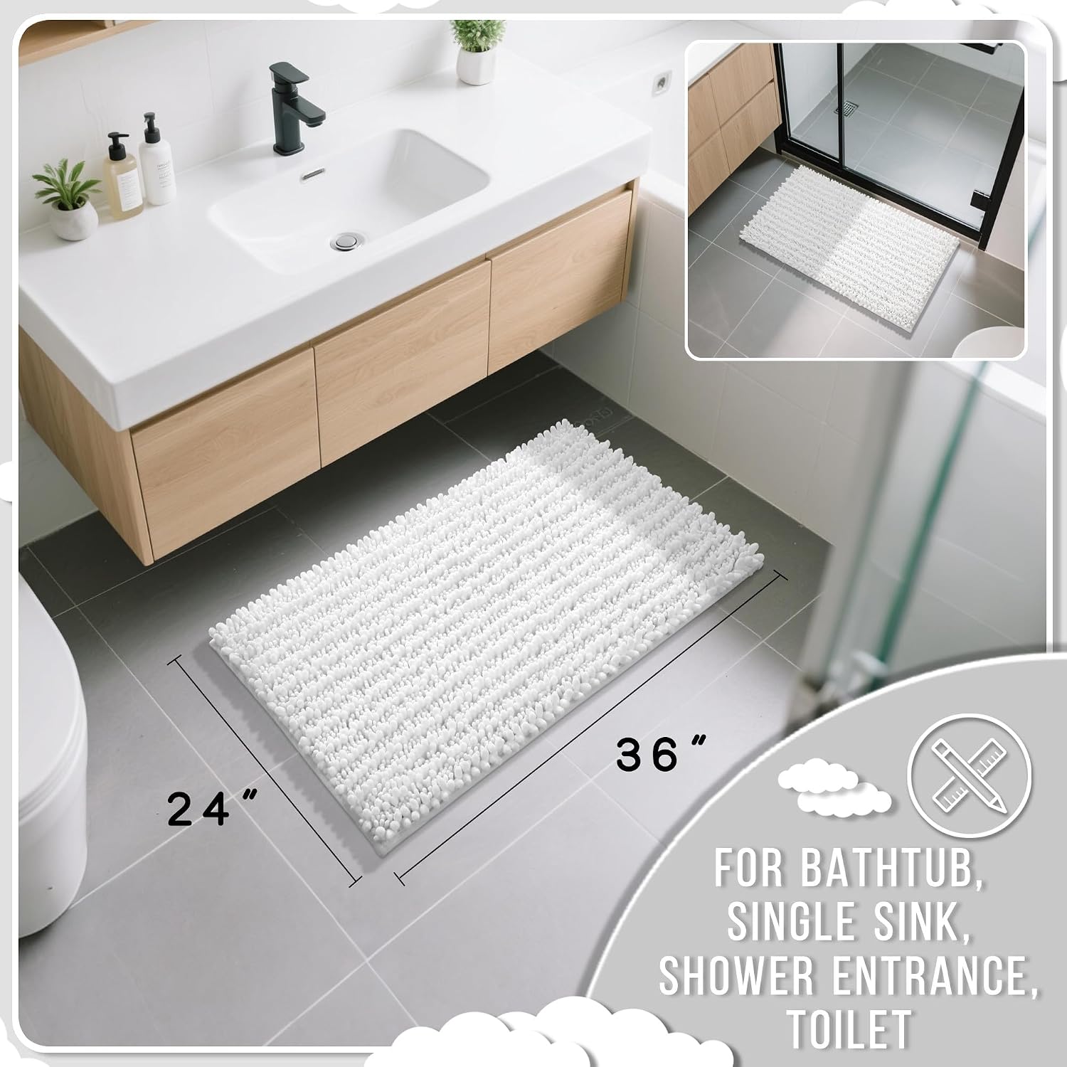 Detalle de Yimobra 36 x 24-Inch Chenille Bath Mat, White, Plush High Pile
