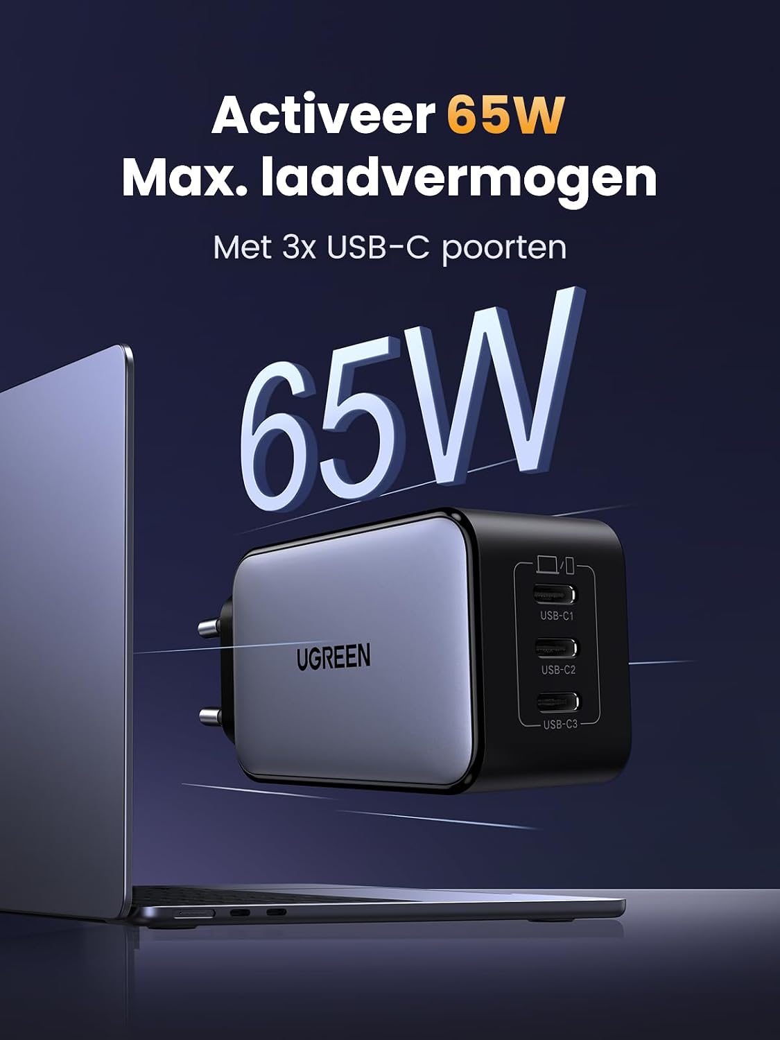 Detalle de UGREEN Nexode 65W USB-C-oplader met 3 poorten en GaN-technologie