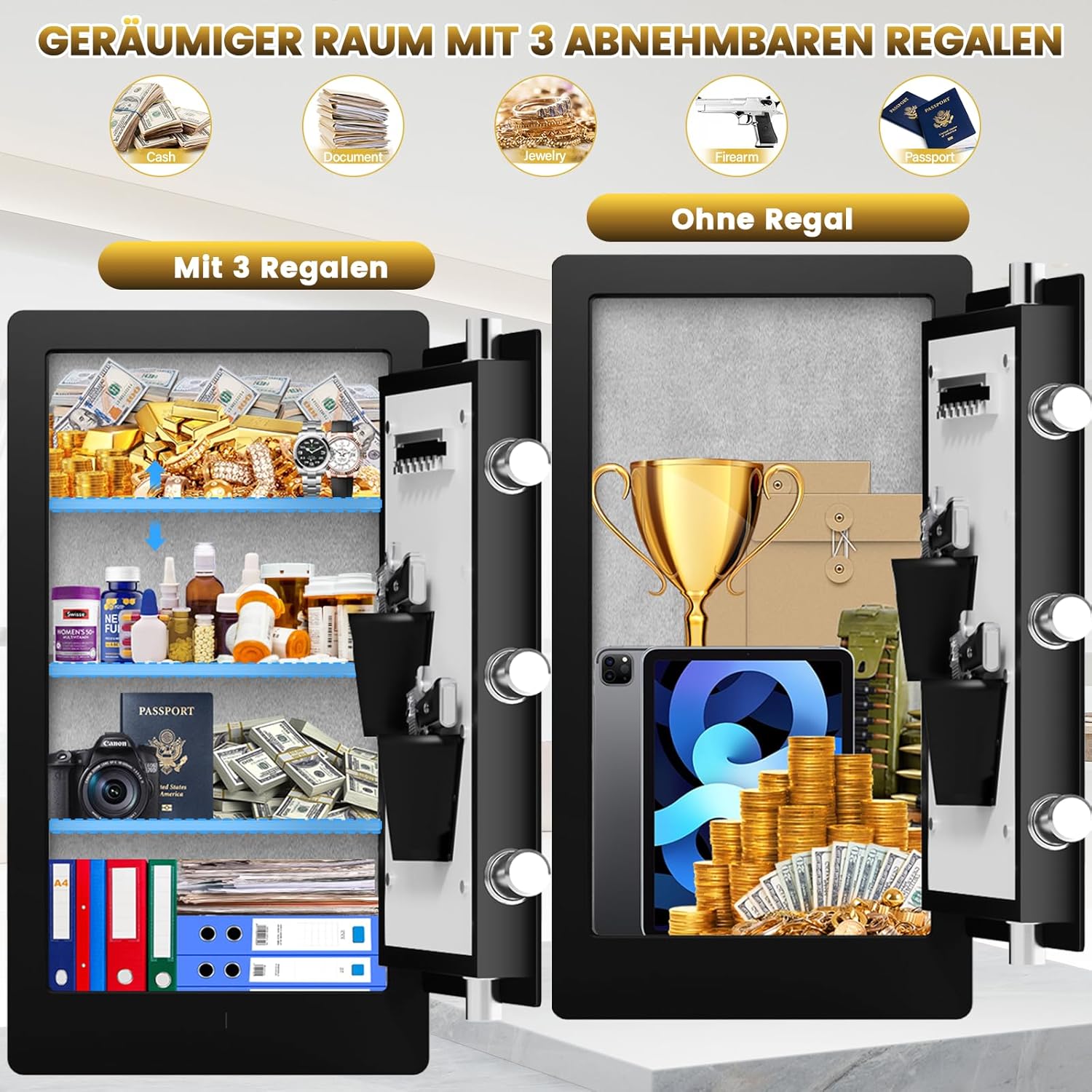 Detalle de 75L biometrischer Möbel-Tresor für Zuhause – Großer Kunststoff-/Stahlsafe mit Fingerabdruck, LED-Beleuchtung und Einbauoptionen