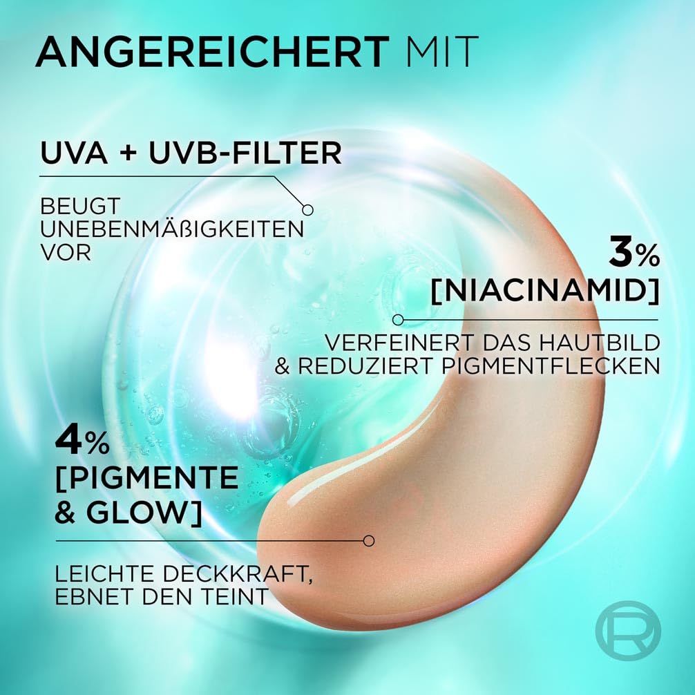 Detalle de L’Oréal Tägliches Getöntes UV Glow-Fluid LSF 50 mit Niacinamid + Glow-Pigmenten, Farbe Hell (Bright Reveal) – 50 ml