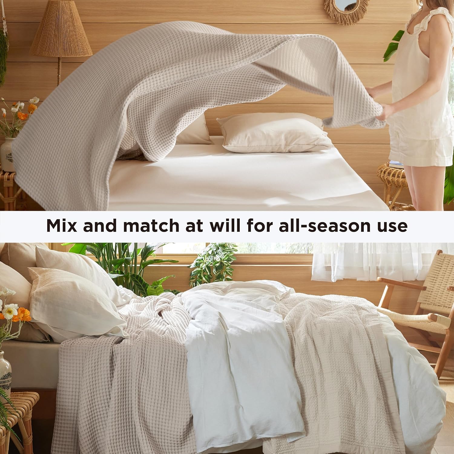 Detalle 2 de Bedsure Blanket-Cotton-Fine Waffle Cotton Blanket, Queen, Linen, 100% Cotton