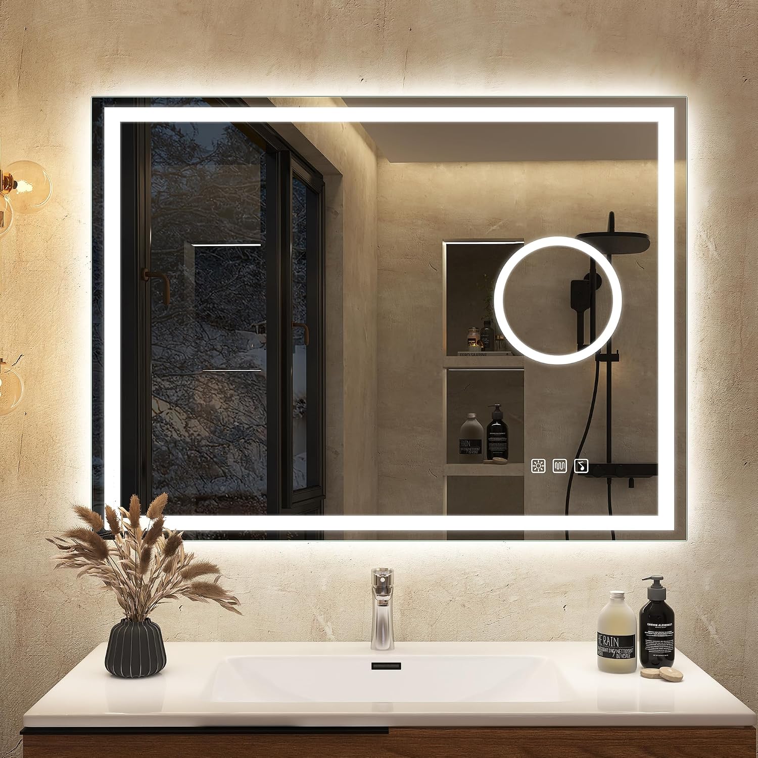 Detalle de S'bagno Bluetooth-Badezimmerspiegel mit Beleuchtung, 5-fach-Lupe und Dimmer (80x60 cm)