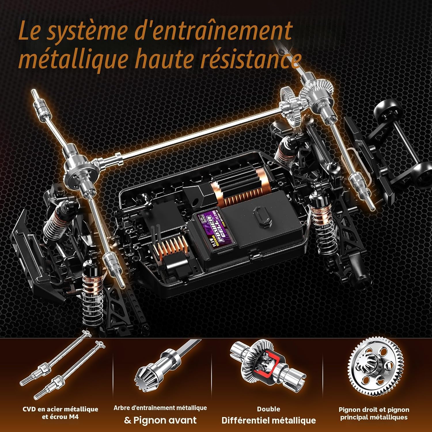 Detalle de Womaqu Voiture Télécommandée 1:14 Tout-Terrain Brushless 70 km/h – 4x4, 2 batteries 3S LiPo et Émetteur 2,4 GHz