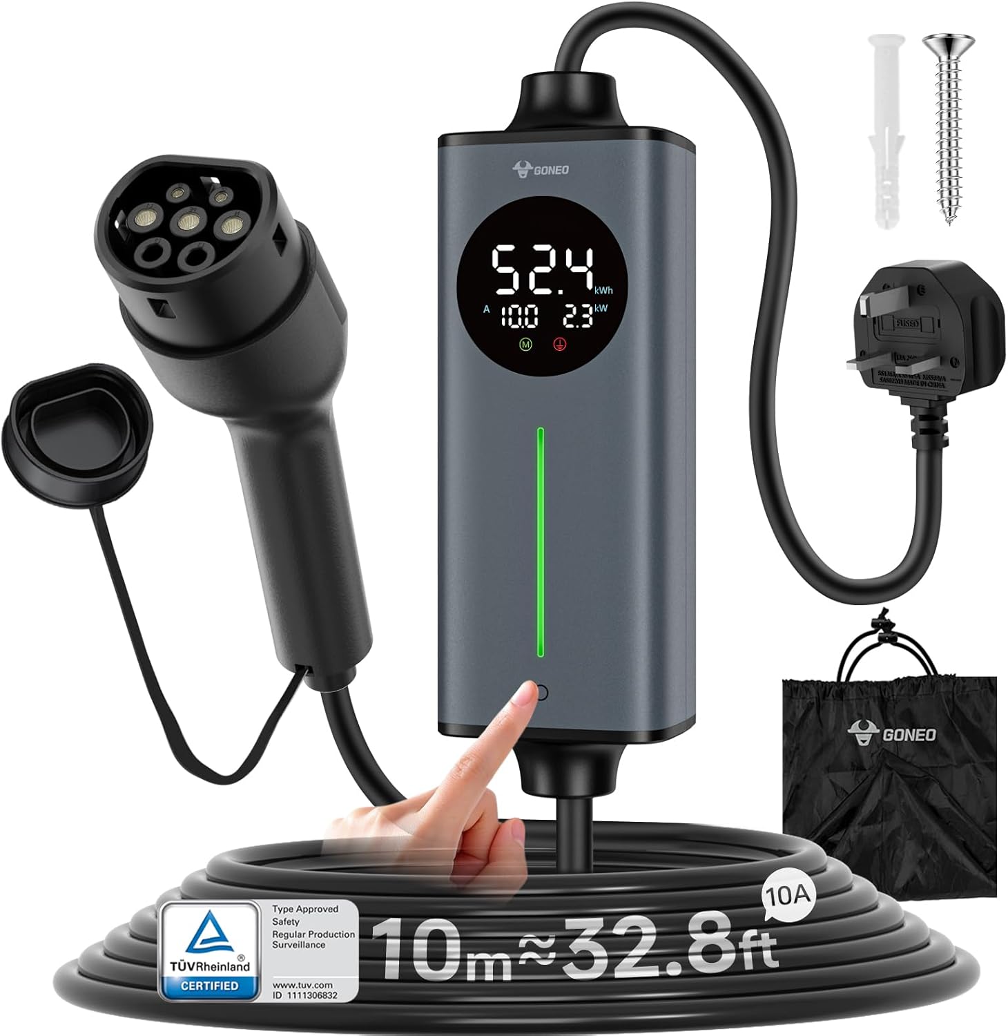 Detalle de GONEO 10M Type 2 EV charger cable (10A, 2.3kW) with UK 3-pin plug and RCD protection