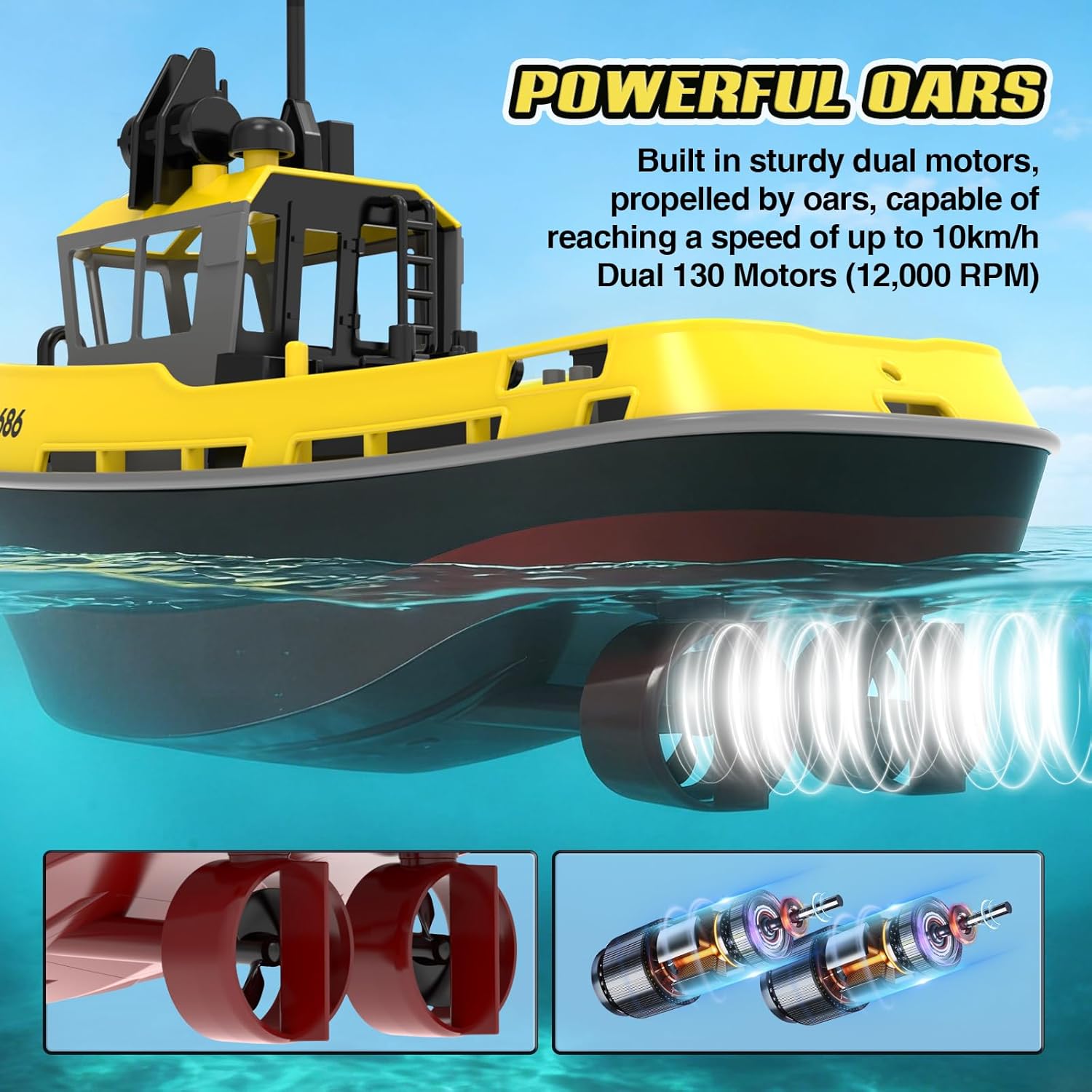 Detalle 2 de tech rc 1:72 ferngesteuertes Tugboat mit 2 Akkus, 2,4 GHz RC-Boot (Gelb)