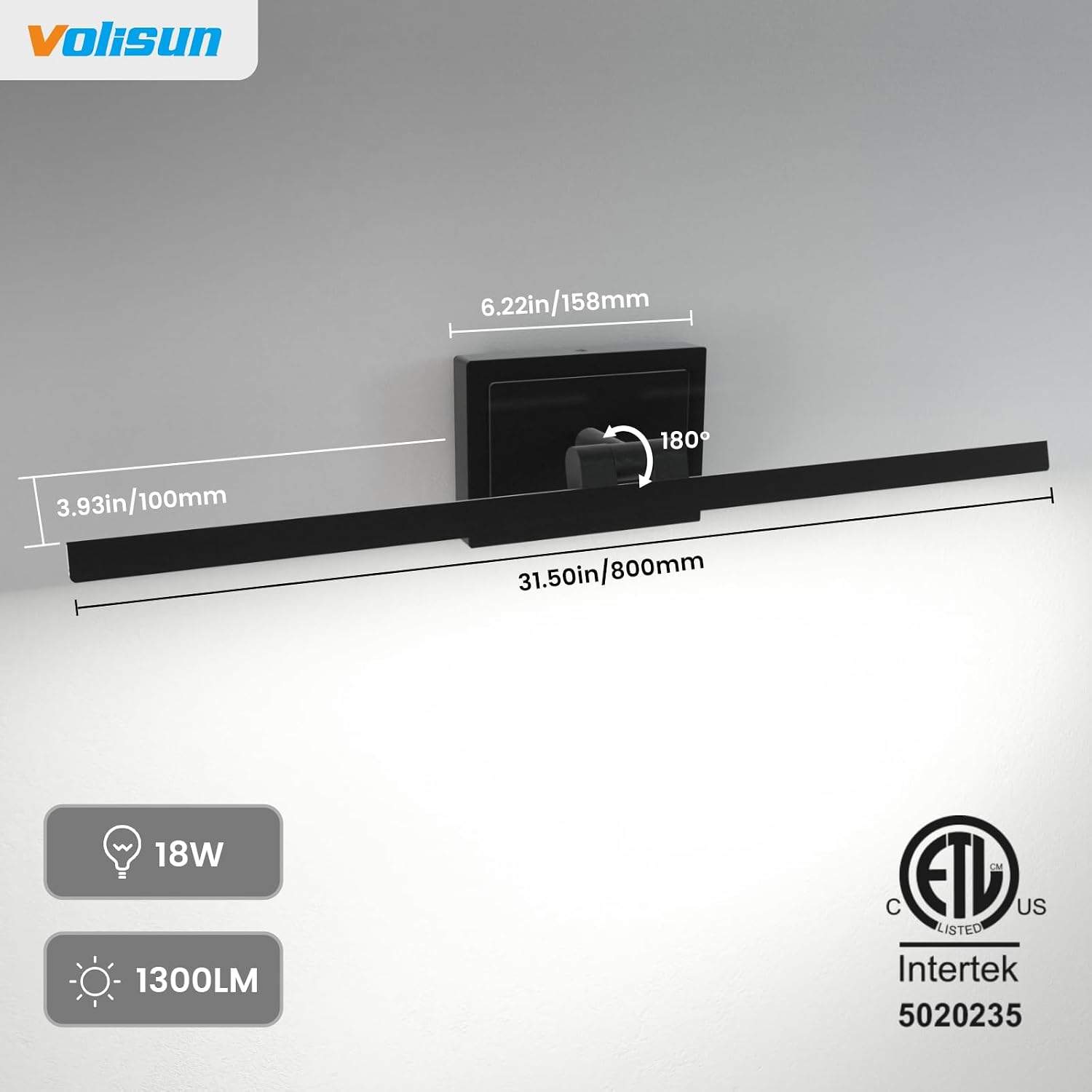 Detalle de VOLISUN 31.5" LED Vanity Light, Black, Rotatable, 5 CCT, Dimmable
