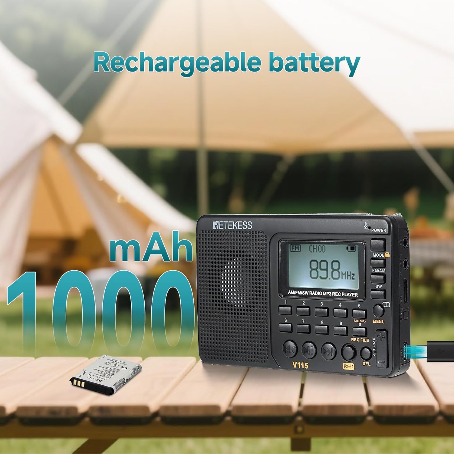 Thumbnail 6 de Retekess V115 draagbare radio met AM/FM/SW, LCD-scherm en opnamefunctie