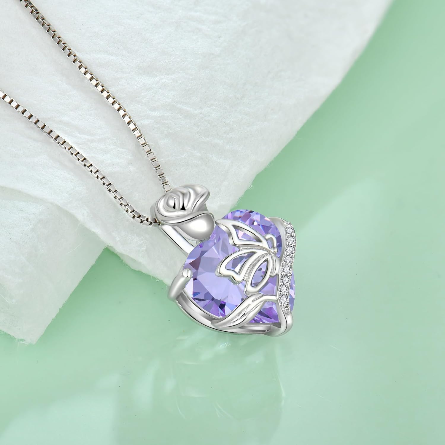 Thumbnail 3 de FJ Herz Geburtsstein Kette für Damen aus 925 Sterling Silber mit Schmetterling-Anhänger und Rosenblume