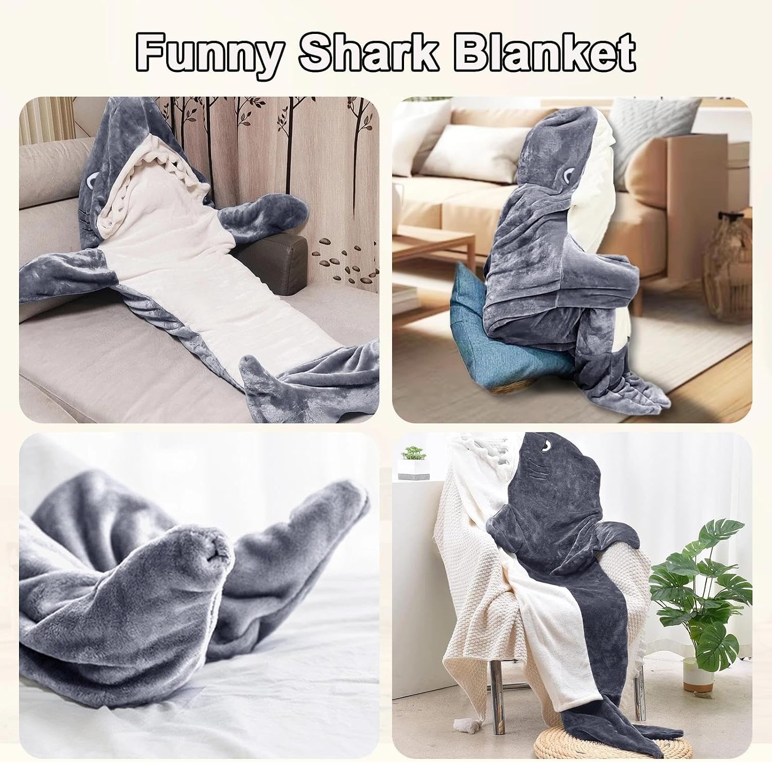 Detalle de LANSKYWARE Wearable Shark Blanket, Gray XXL Facecloth Onesie with Hood
