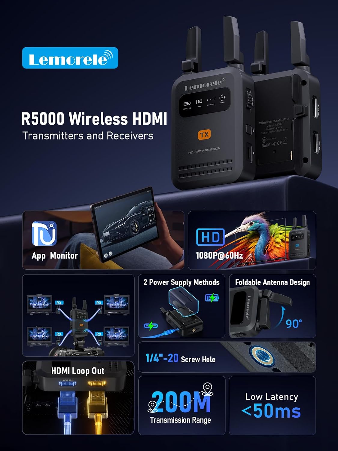 Detalle de Lemorele Wireless HDMI Transmitter and Receiver (R5000) – 200m range, 1080p@60Hz, up to 4 receivers