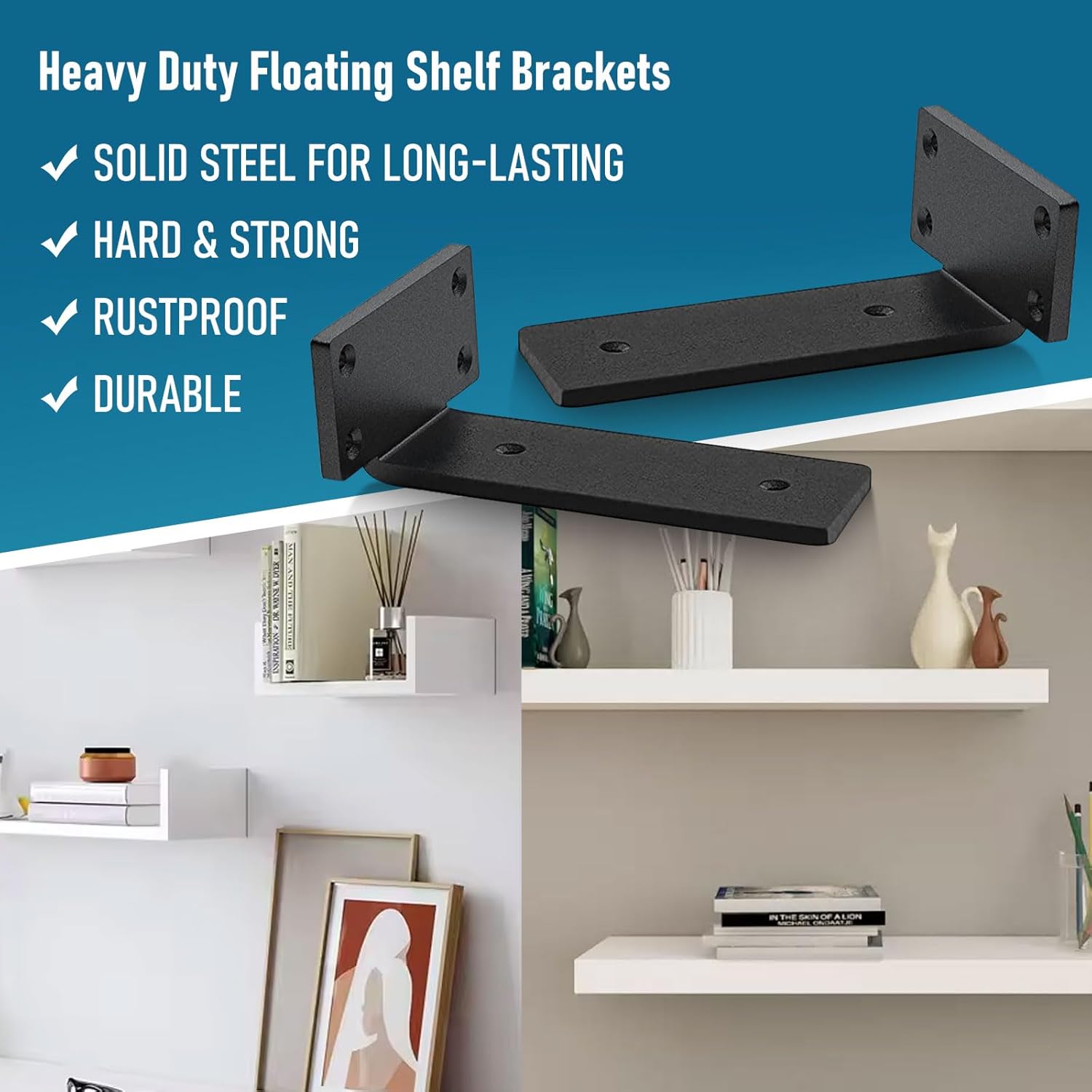 Thumbnail 2 de Heavy-Duty Scaffold Board Shelf Brackets 15cm (2 Pack) – Industrial Metal Floating Shelf Supports, Black