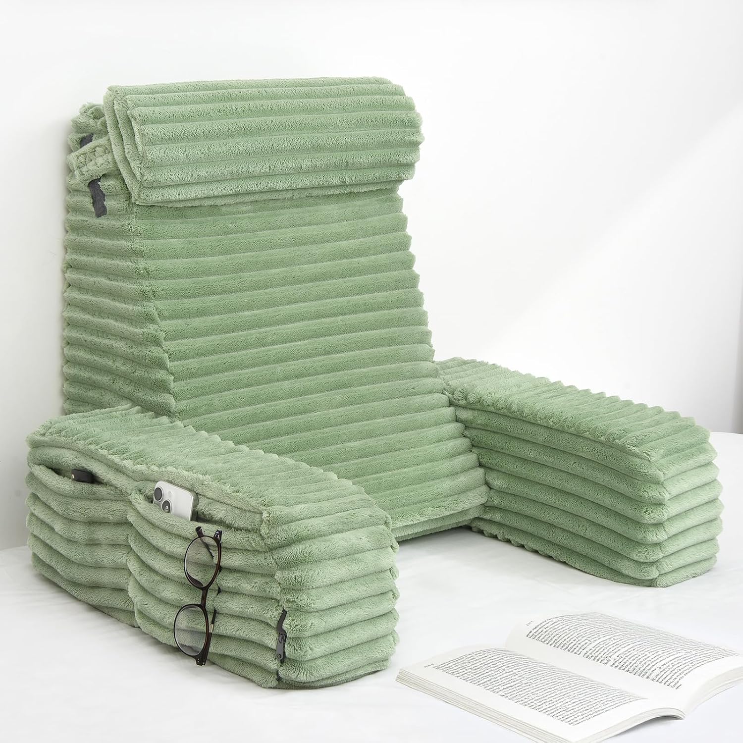 Detalle de ENITYA TR-BS 22" XL Reading Pillow, Dual-Layer Foam, Sage Green