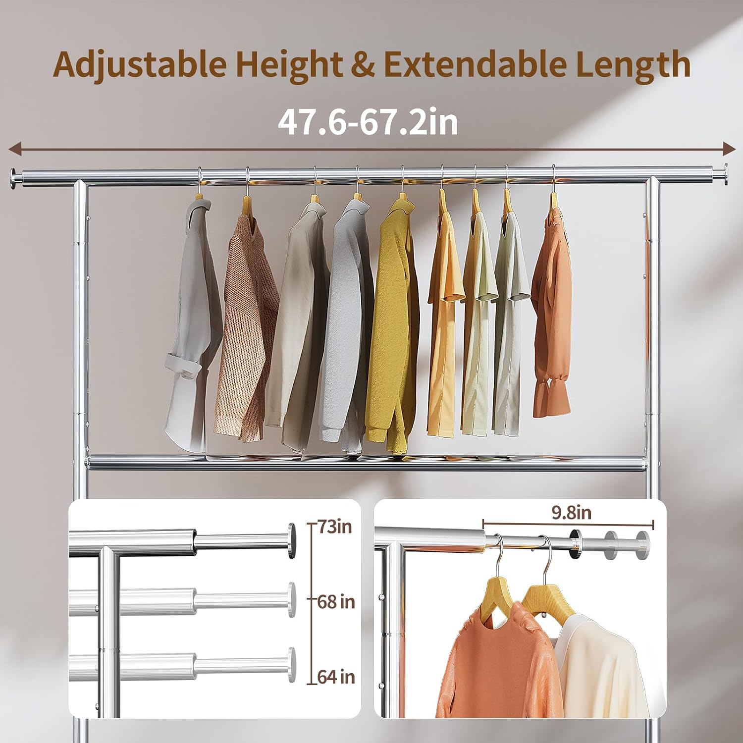 Detalle de Luxspire Heavy-Duty Clothes Rack with Double Rods and Lockable Wheels