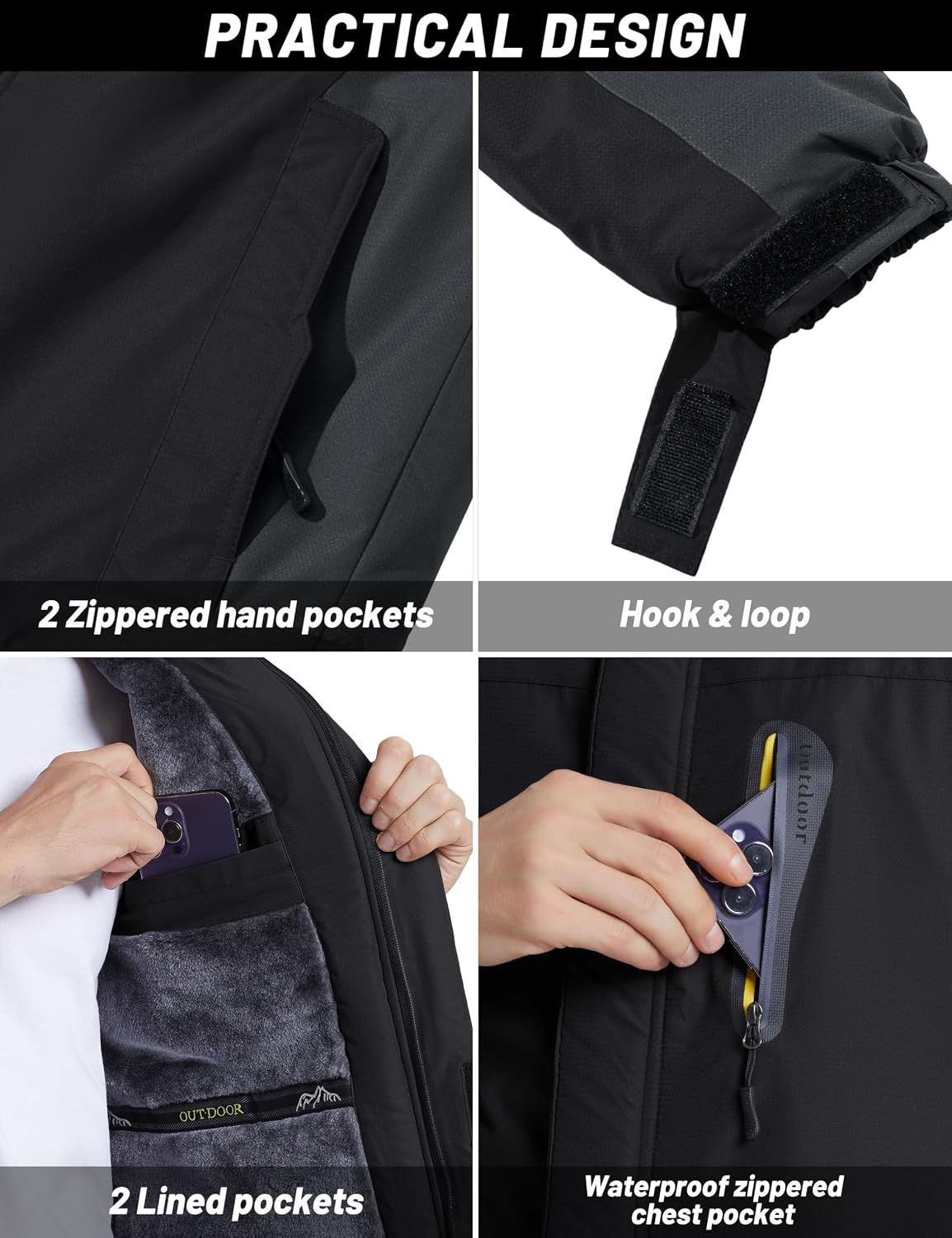 Detalle 2 de TACVASEN Men's Waterproof Fleece-Lined Winter Ski Parka with Multi-Pockets