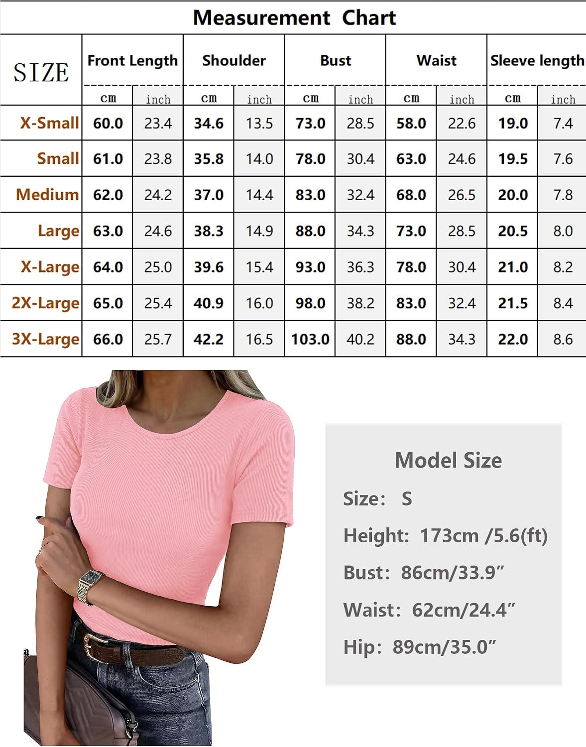 Detalle de Aottori Damen T-Shirt Rundhals Sommer: Basic Slim Fit aus weichem geripptem Stoff