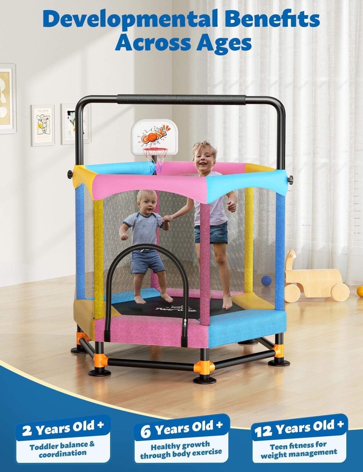 Thumbnail 6 de Twinkoo 60-Inch Trampoline for Kids with Safety Enclosure, Adjustable Gymnastics Bars, and Basketball Hoop
