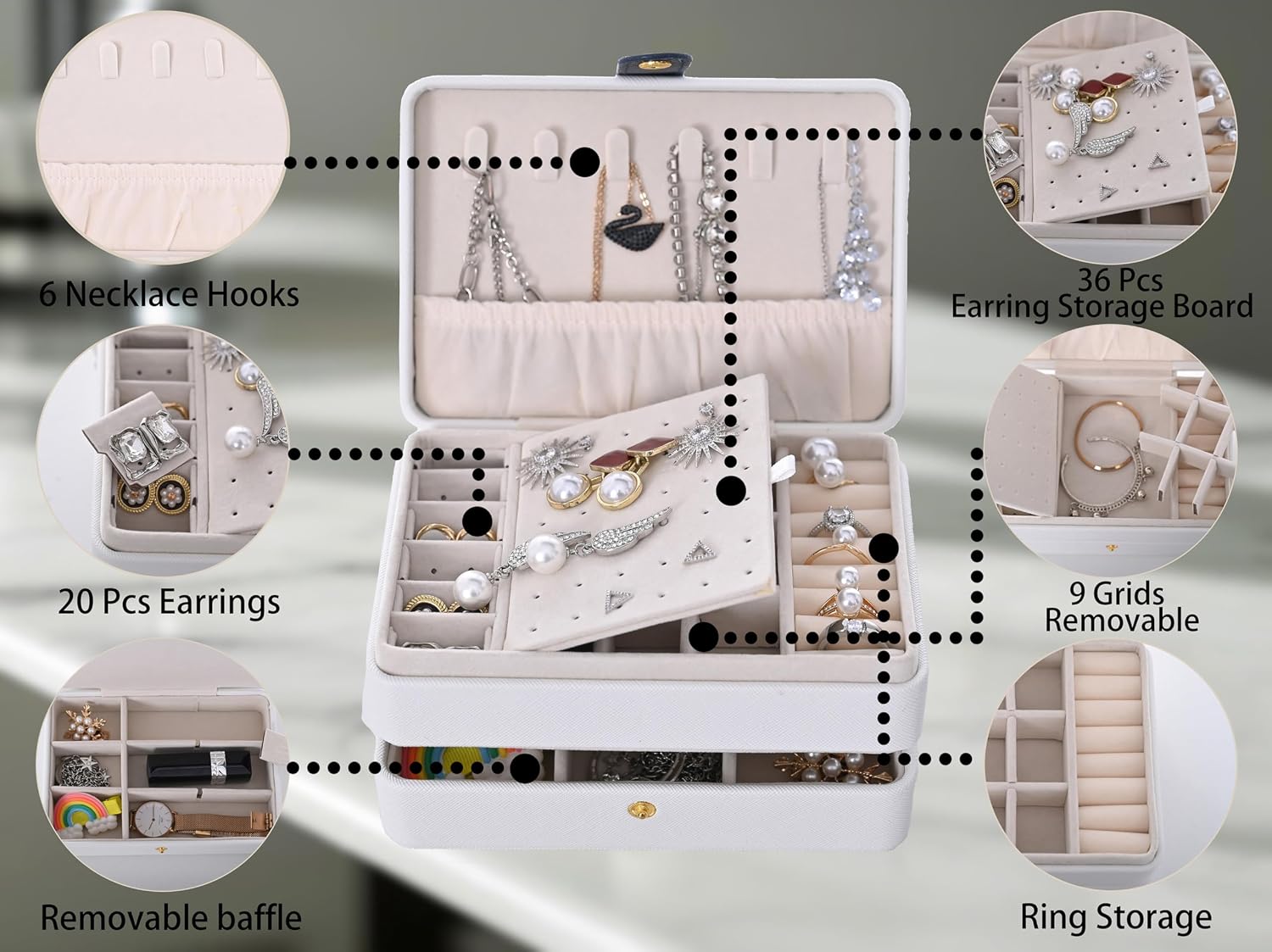 Detalle de Jewelry Box 3-Layer Leather Travel Organiser – White
