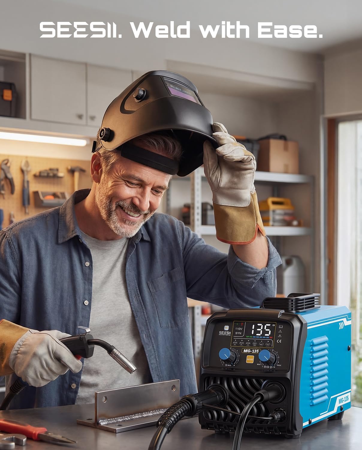 Detalle 1 de SEESII 135A MIG Welder (110V) — 3-in-1 Gasless Flux Core, Lift TIG, and Stick Welding Machine