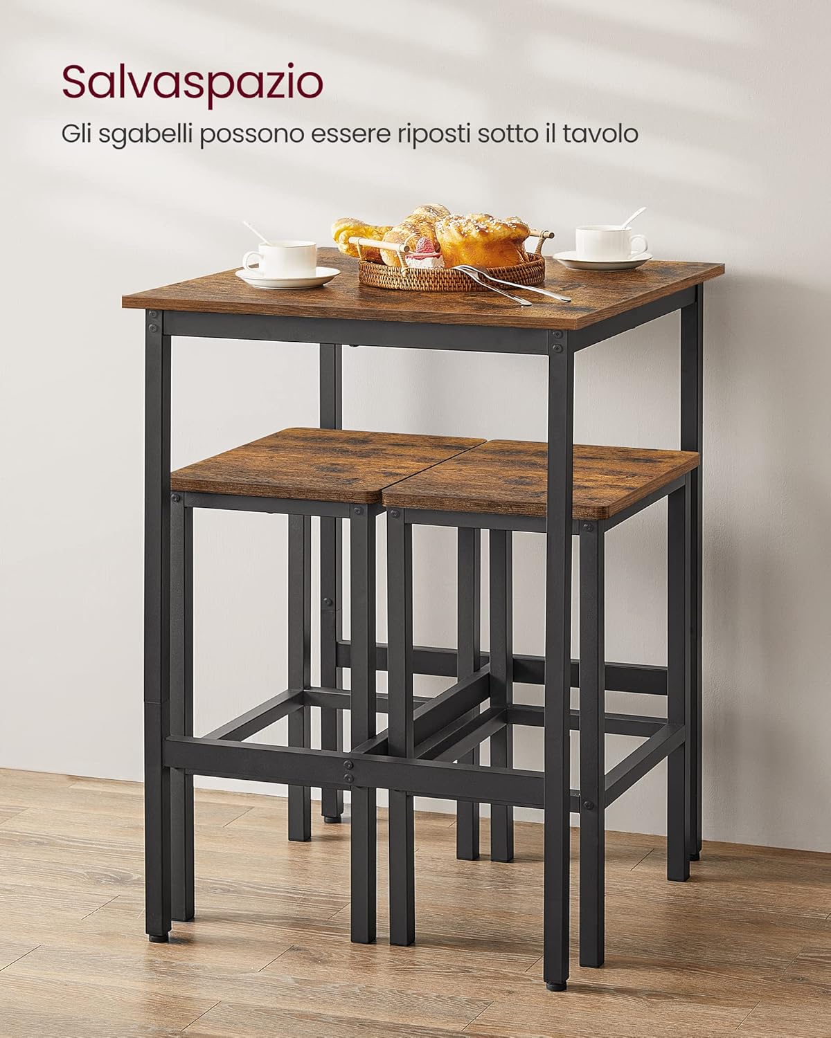 Detalle de VASAGLE Tavolo Bar con 2 Sgabelli – Set cucina compatto 60x60x90 cm, Marrone Vintage e Nero LBT017B01