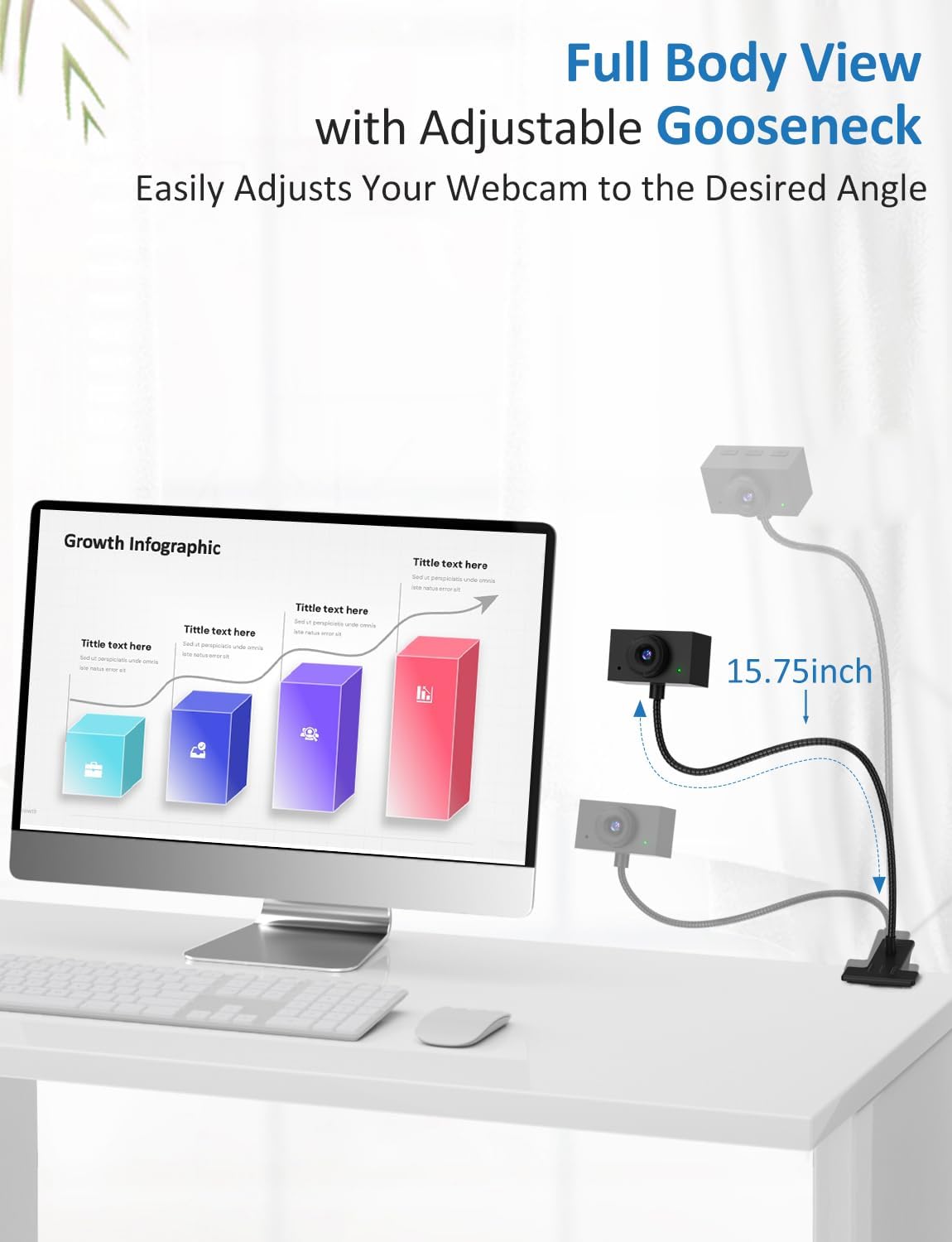 Detalle 2 de Webcam for PC (USB) with Adjustable Gooseneck, 1080P Manual Focus & Noise-Cancelling Mic (Black)