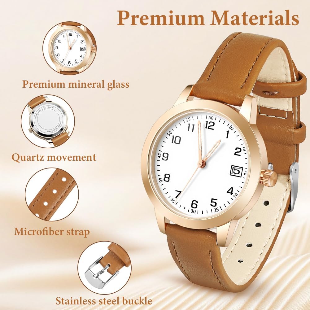Detalle de OFFCUP Damenuhr Leder – Quarz-Armbanduhr mit Datum, 32 mm Zifferblatt, Lederarmband