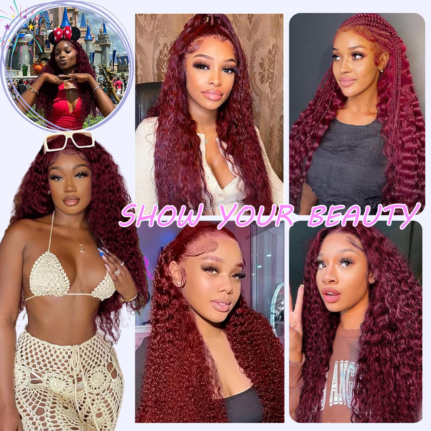 Detalle de Armodeo 38 Inch 99J Burgundy Deep Wave Lace Front Wig – 13x13 HD Lace, 250 Density, Pre Plucked