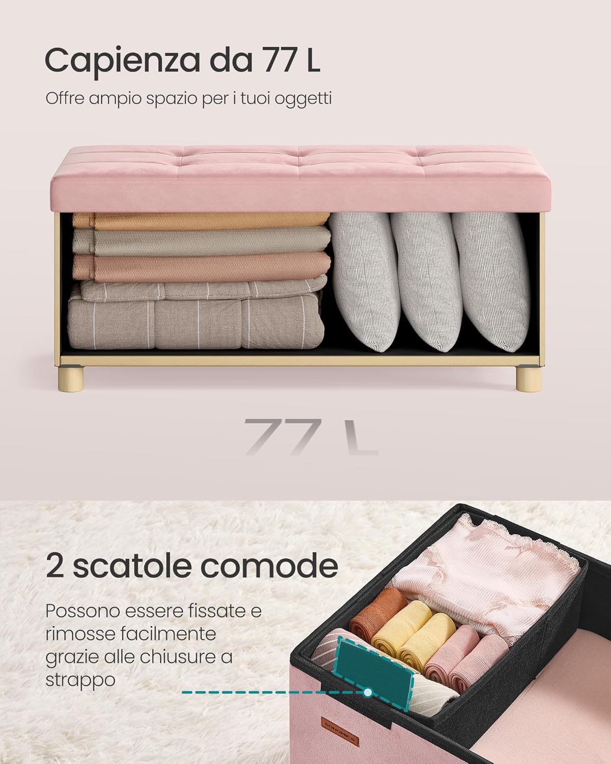 Detalle de Songmics Pouf contenitore cassapanca pieghevole LSF0517R01 in velluto rosa pastello, 77 L