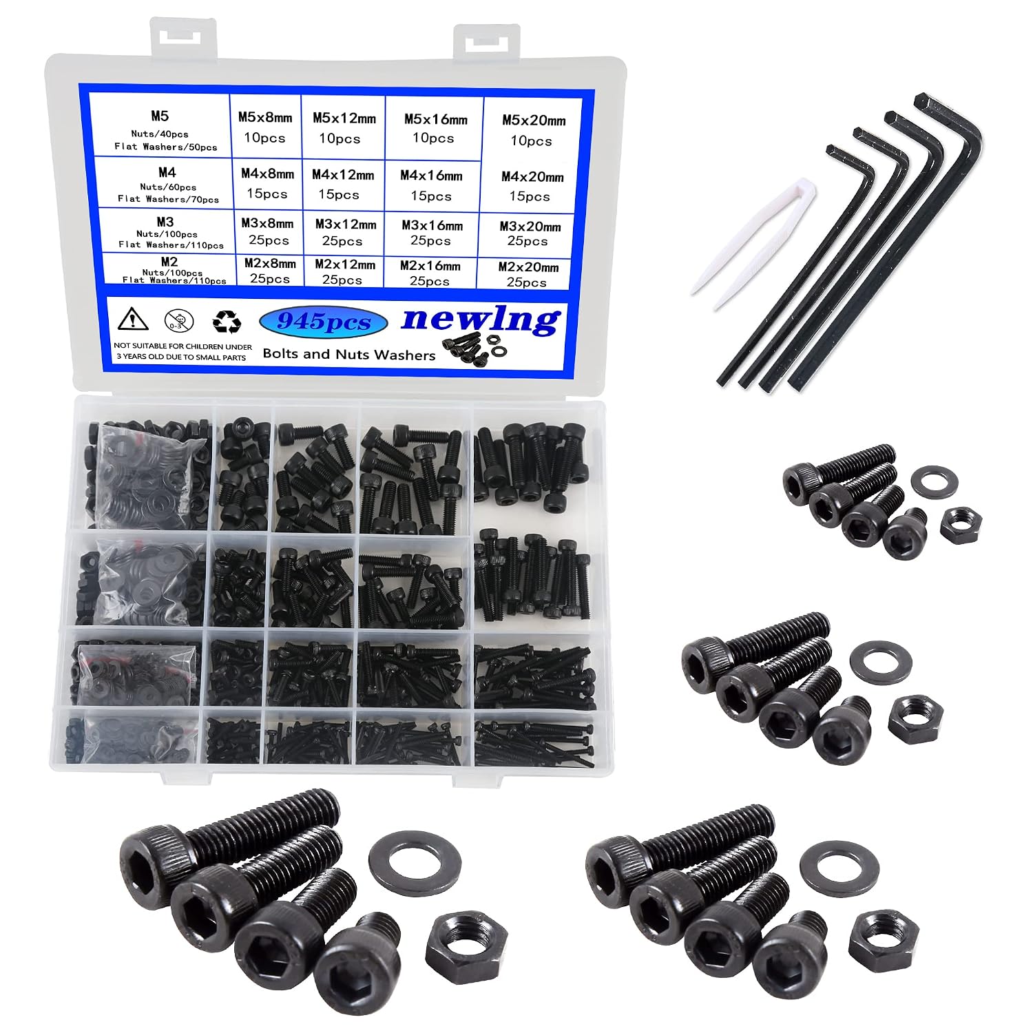Newlng M2 M3 M4 M5 Nero Kit Bulloni e Dadi con Rondelle Nero – 940 Pezzi in Acciaio al Carbonio