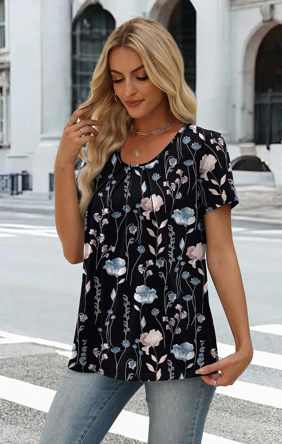 Detalle de WIHOLL Women Pleated Short Sleeve Top – Lightweight Business Casual Blouse
