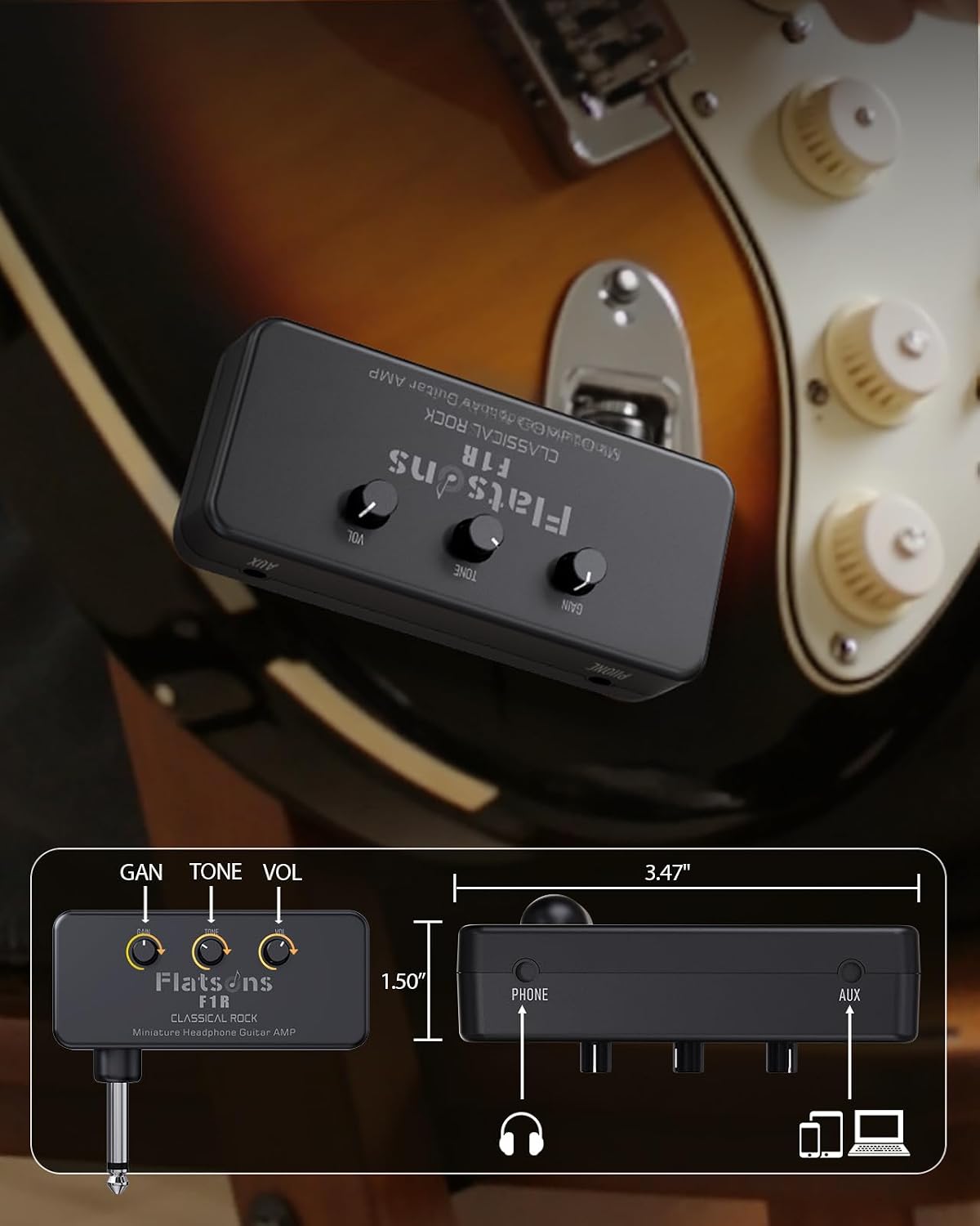 Thumbnail 6 de Flatsons F1R Mini Guitar Headphone Amp with Distortion and 3.5mm AUX