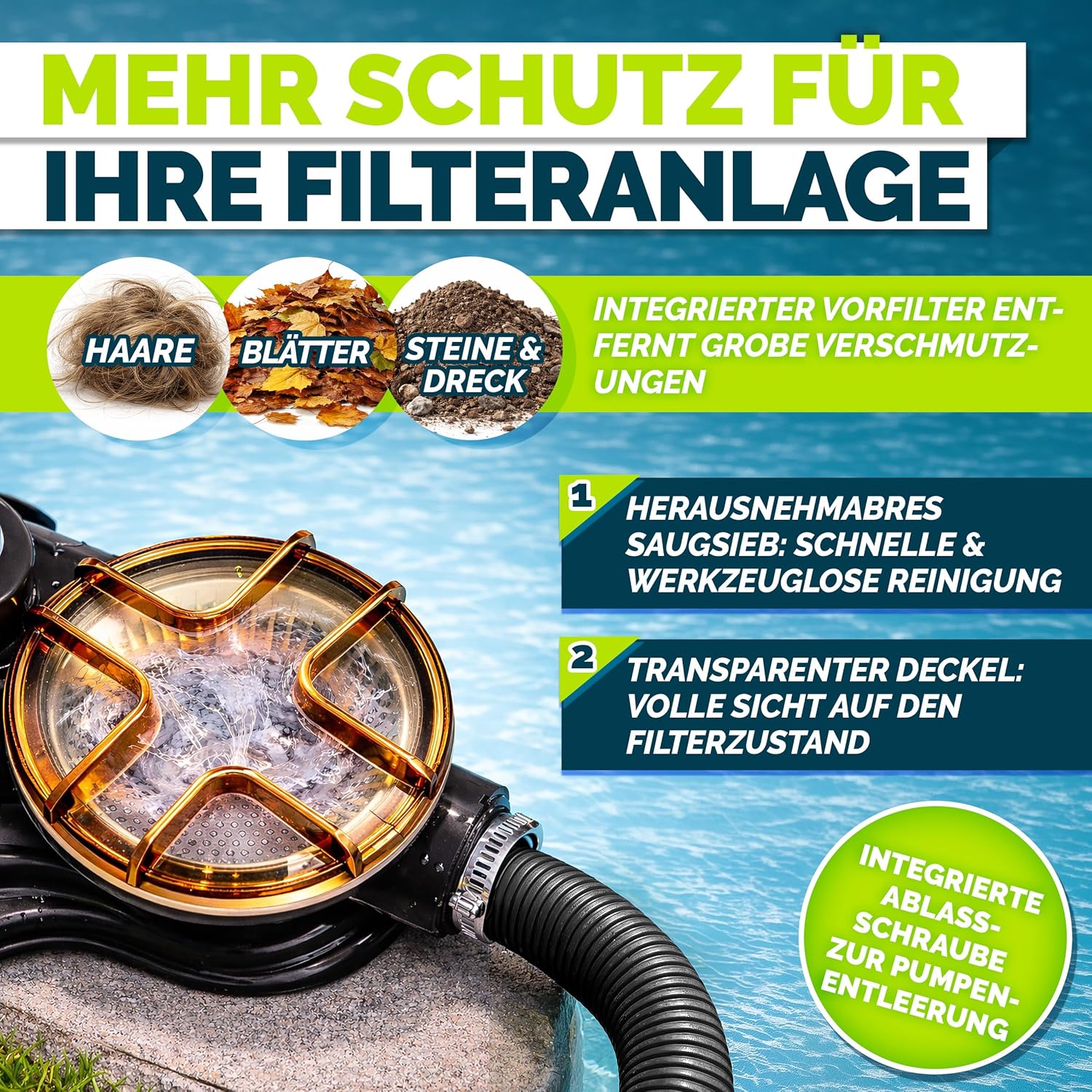 Thumbnail 5 de tillvex® Sandfilteranlage Pool 13.200 L/h bis 40.000 L mit 7-Wege-Ventil & 2in1 Adapter (Schwarz)