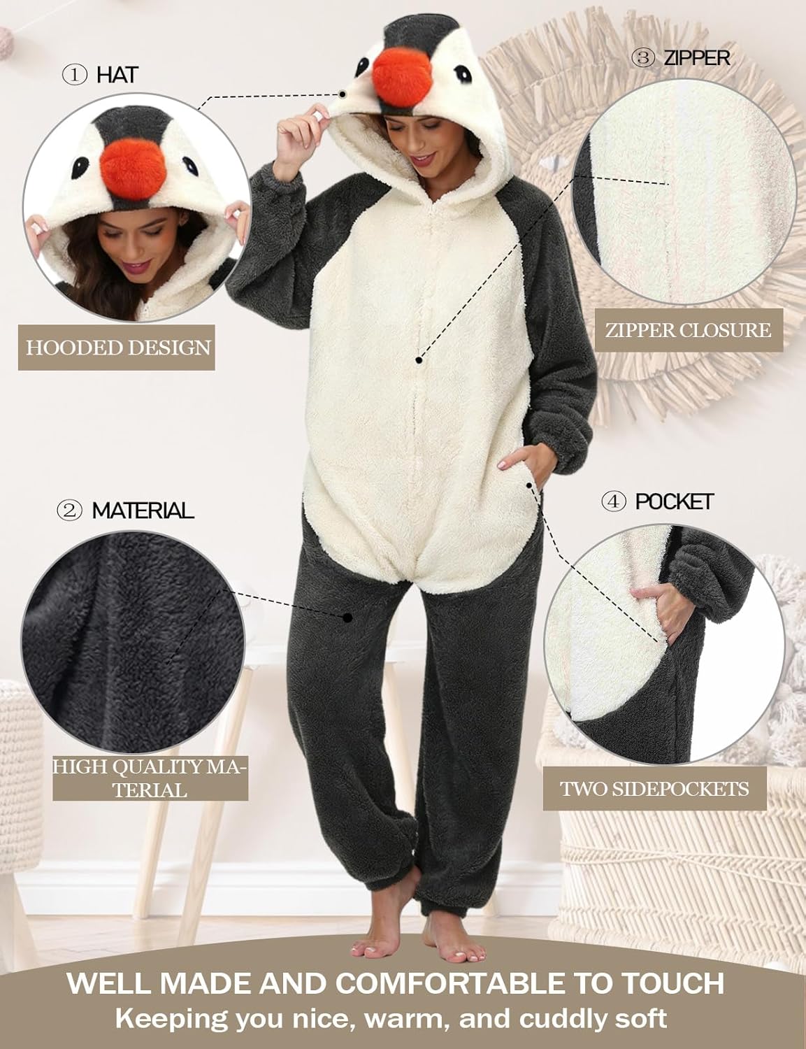 Thumbnail 2 de chuangminghangqi Einteiliger Schlafanzug Unisex Lang Winter – Tierkostüm-Jumpsuit mit Kapuze und Reißverschluss
