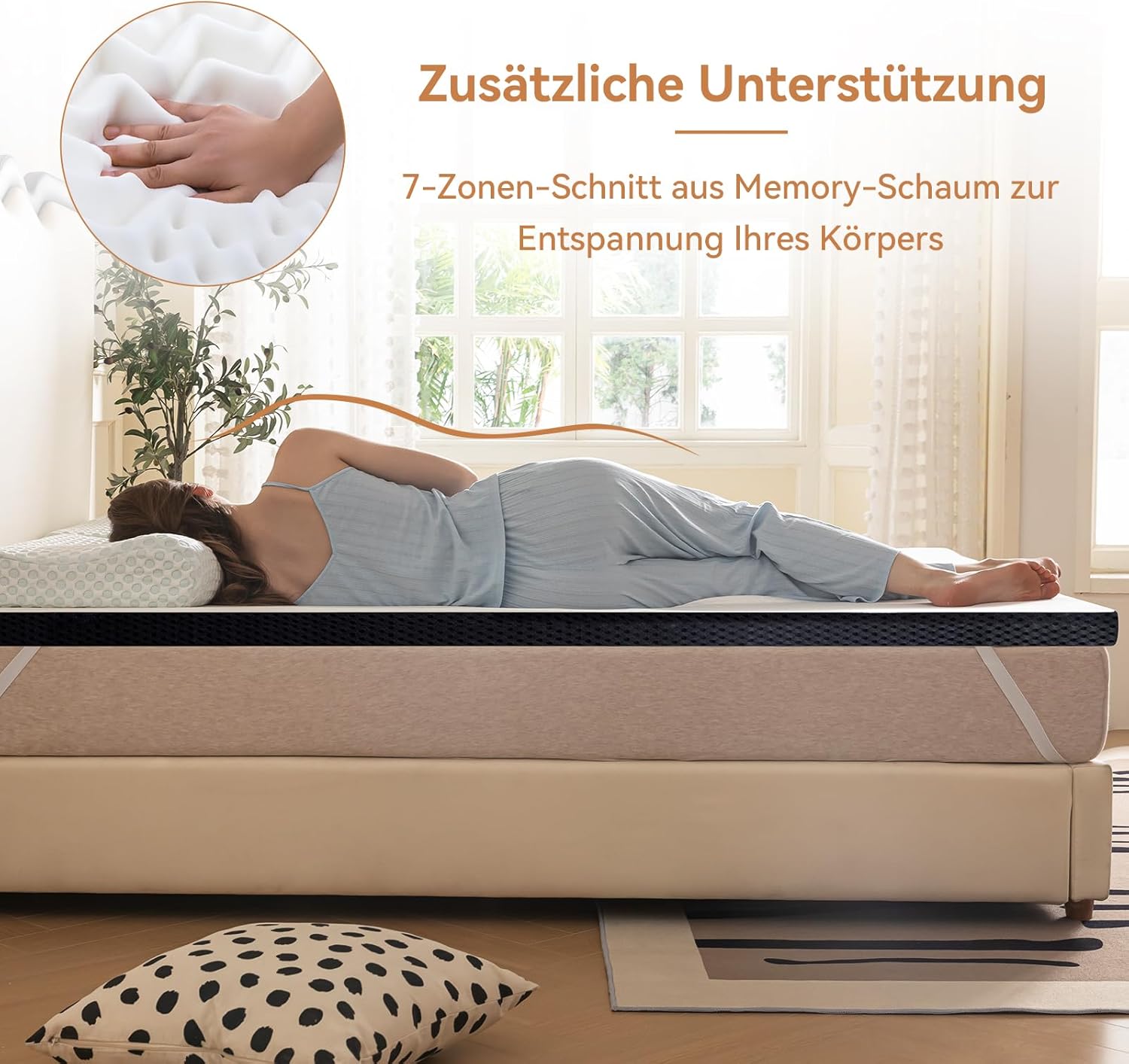 Detalle de Amazon Basics Memoryschaum Matratzenauflage mit Bändern, 180 x 200 cm, 4 cm Höhe – weiß