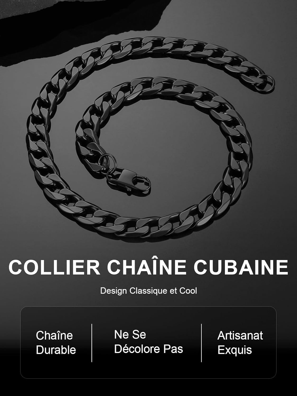 Thumbnail 4 de ChainsPro Collier chaîne cubaine Miami en acier inoxydable 316L (4/6/9/13 mm, 46–76 cm) argent/noir/or en coffret cadeau