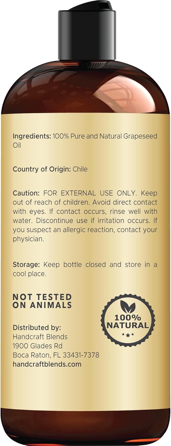 Detalle de Handcraft Blends Grapeseed Oil (Cold-Pressed, Hexane-Free) | 100% Pure Carrier Oil for Skin, Hair & Massage | 16 fl oz