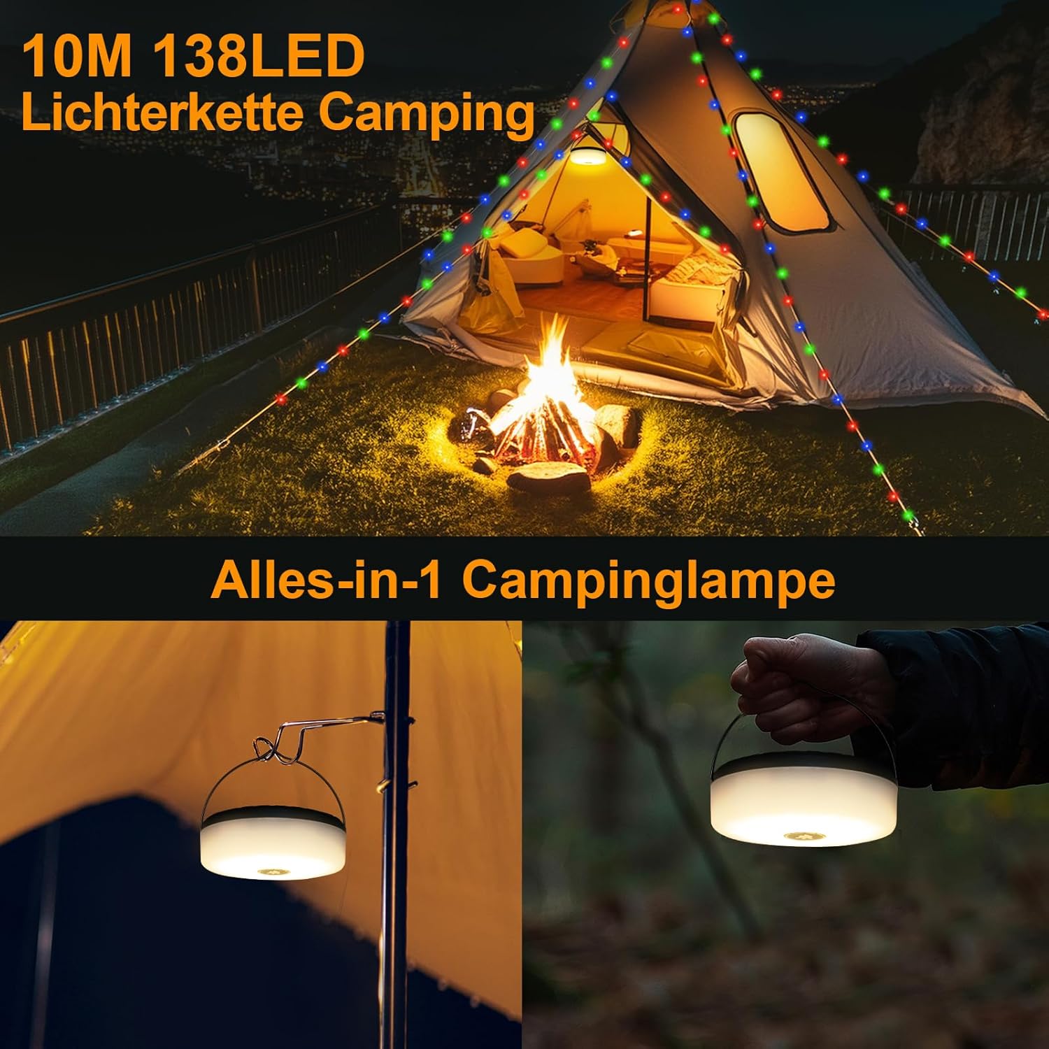 Thumbnail 1 de RISEMART Camping Lichterkette aufrollbar 10 m mit Solar- & USB-C Laden, 5 Beleuchtungsmodi